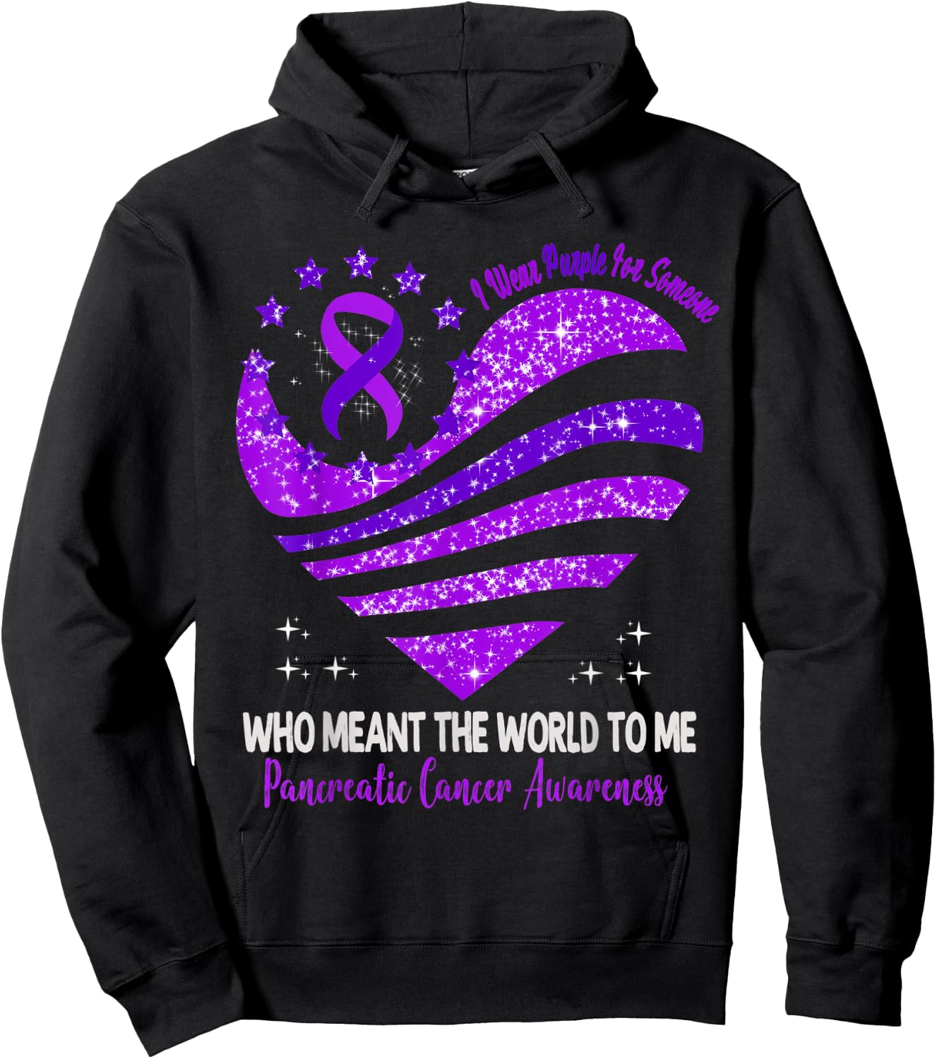 I Wear Purple For Pancreatic Cancer Awareness Heart Ribbon Hoodie - Hoodie | Black