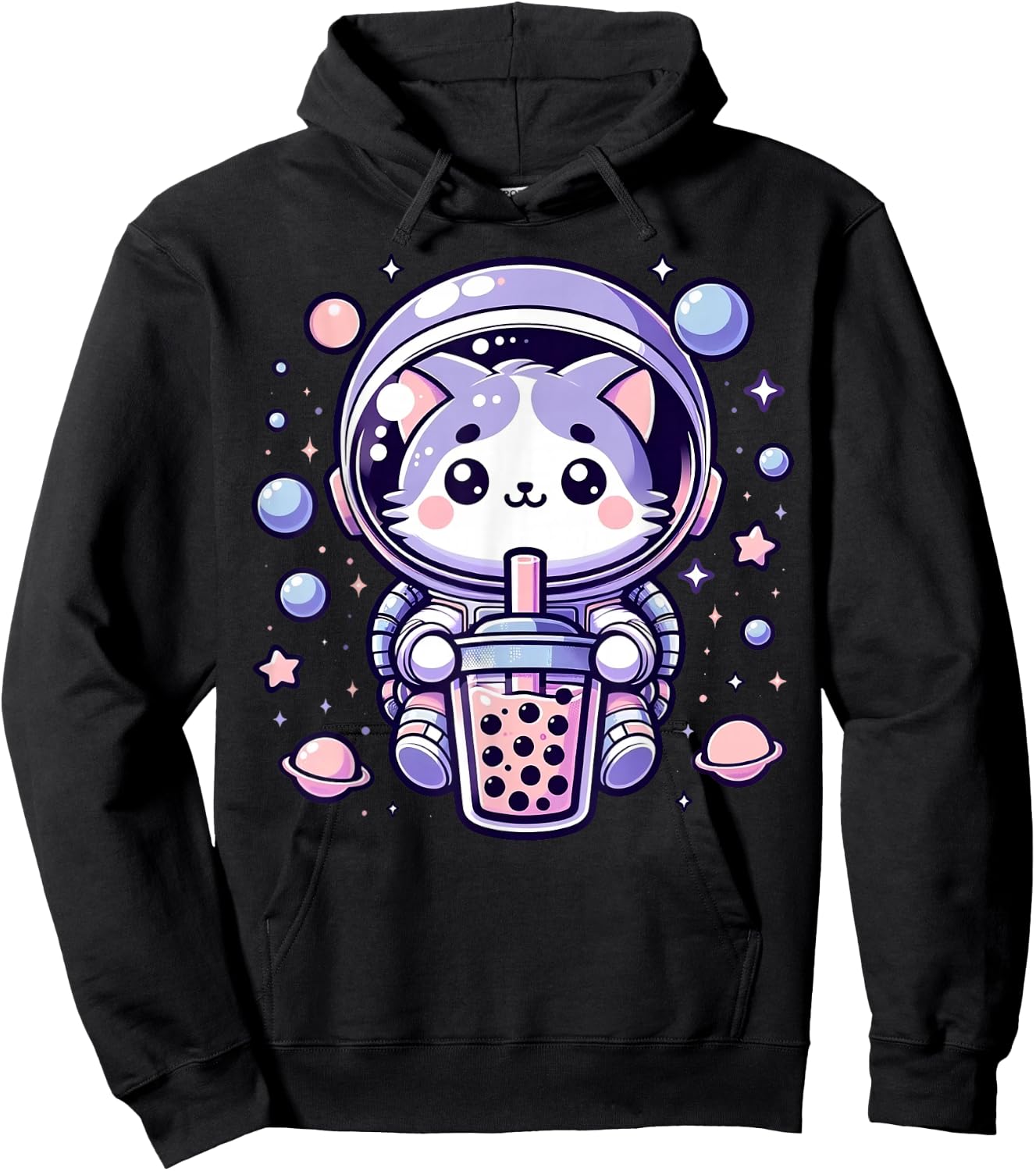Kawaii Cat Astronaut With Boba Tea Anime In Space Adventure Hoodie - Hoodie | Black