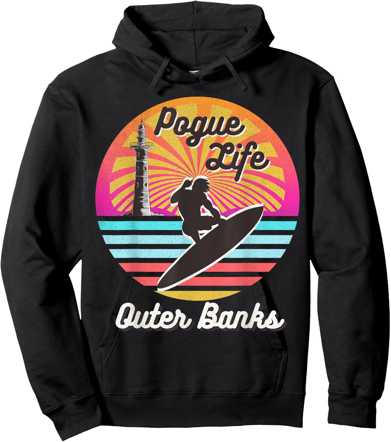 Surfer Pogue-Life-Outer-Banks Light Houses Retro Distressed Hoodie - Hoodie | Black