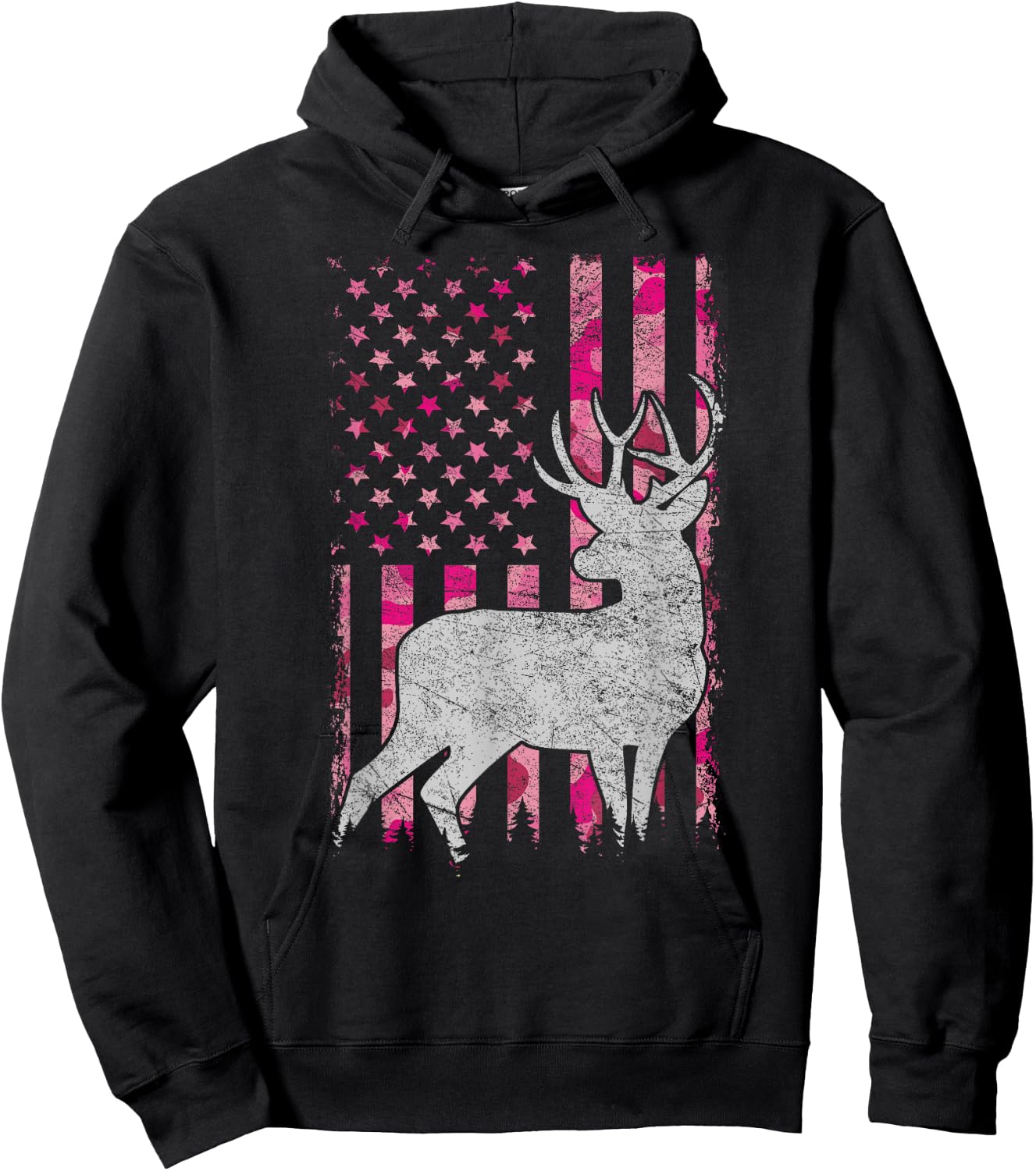 Women Girls Patriotic Pink Camo USA Flag Deer Hunter Hoodie - Hoodie | Black