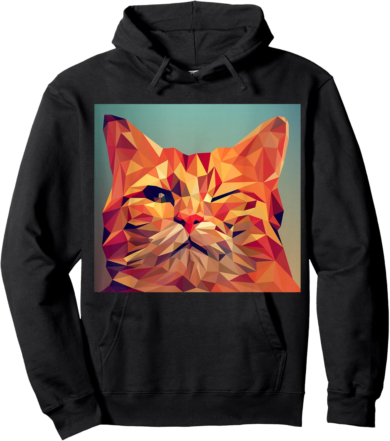 Winking Orange Cat Lover Feline Abstract Digital Poly Art Hoodie - Hoodie | Black