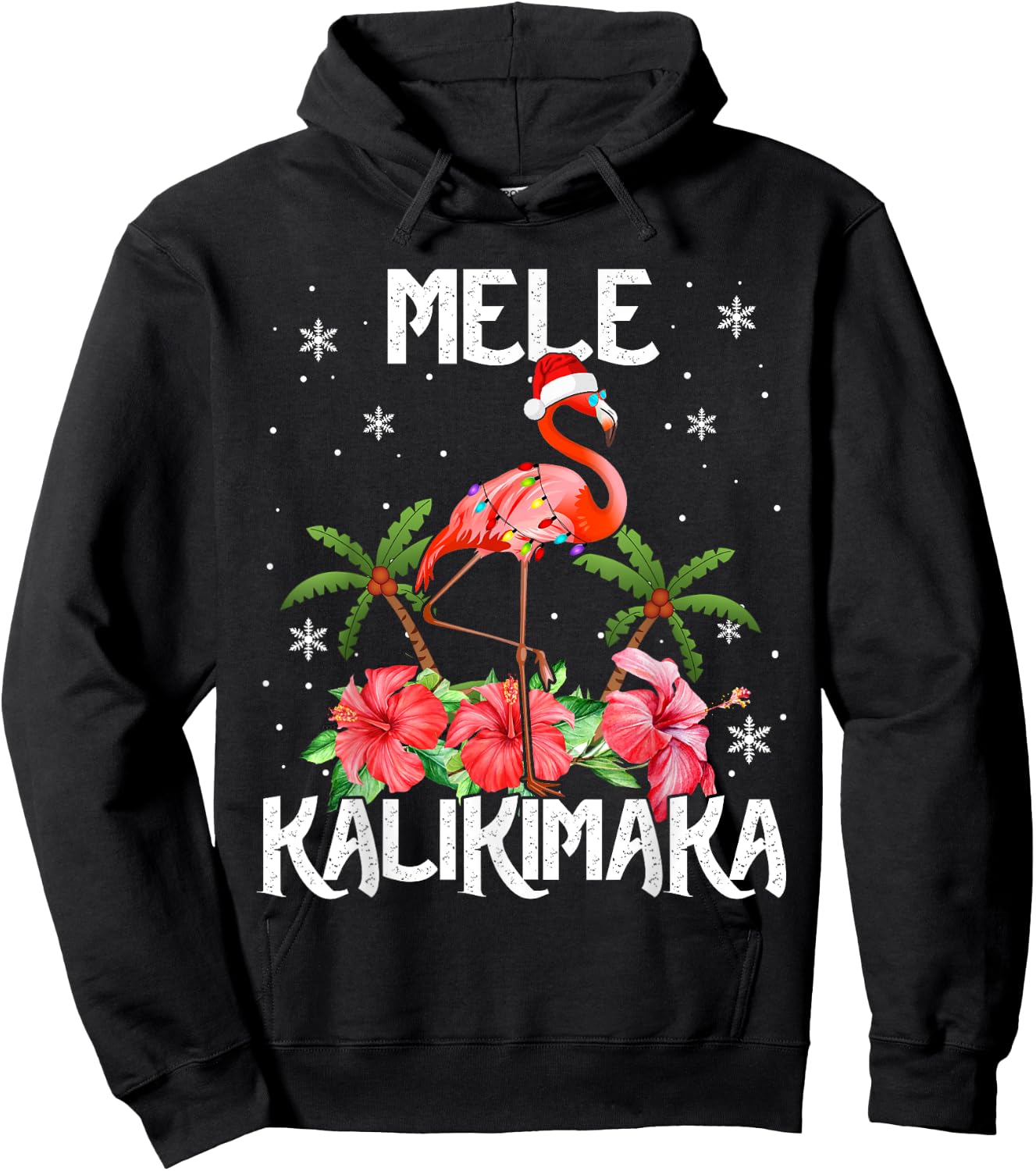 Mele Kalikimaka Merry Xmas Light Santa Hawaiian Flamingo Hoodie - Hoodie | Black