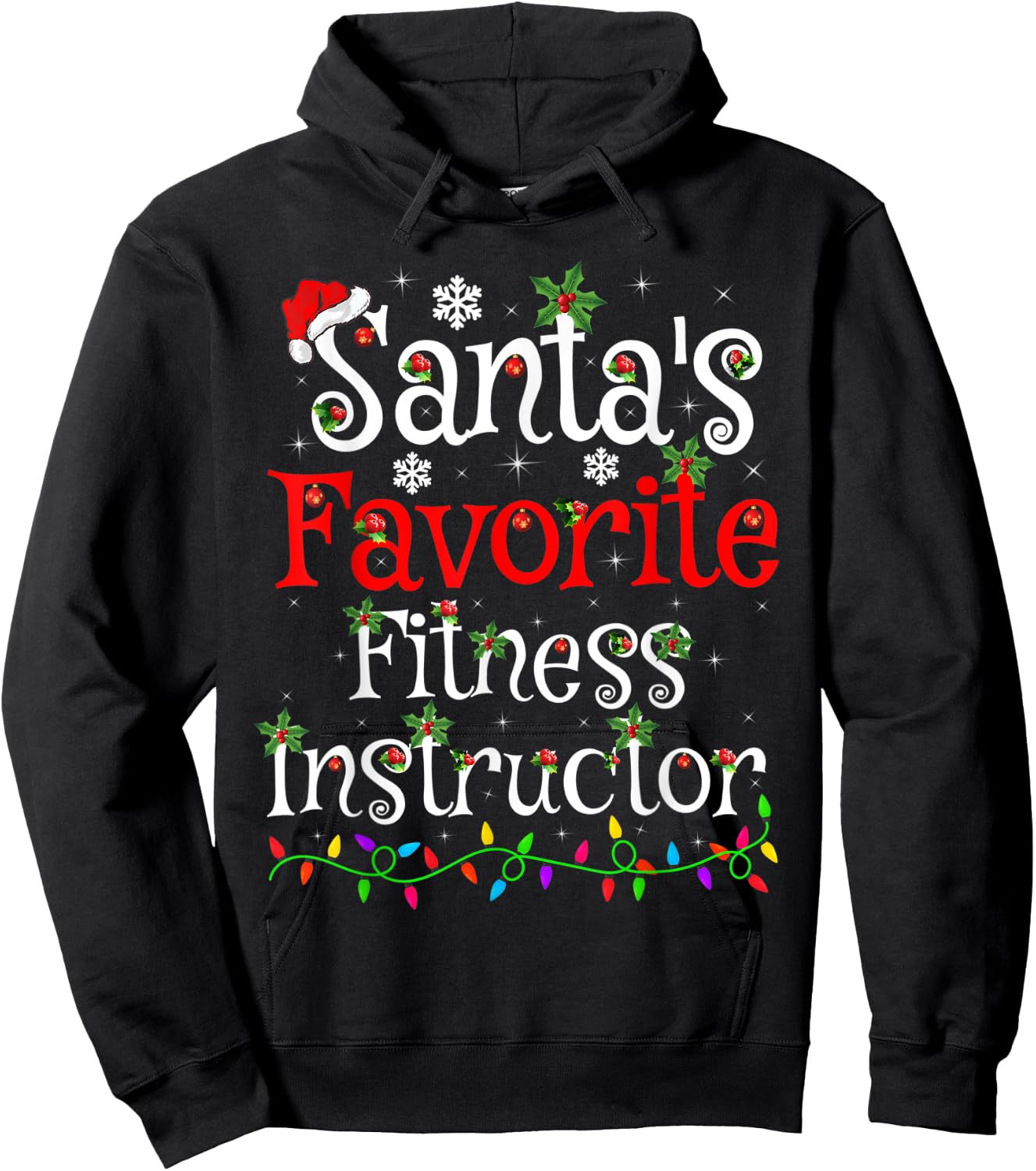 Xmas Lighting Santa's Favorite Fitness Instructor Christmas Hoodie - Hoodie | Black
