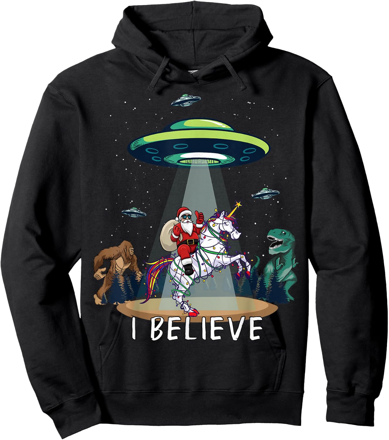 Believe Bigfoot Dinosaur Alien UFO Santa Riding On Unicorn Hoodie - Hoodie | Black