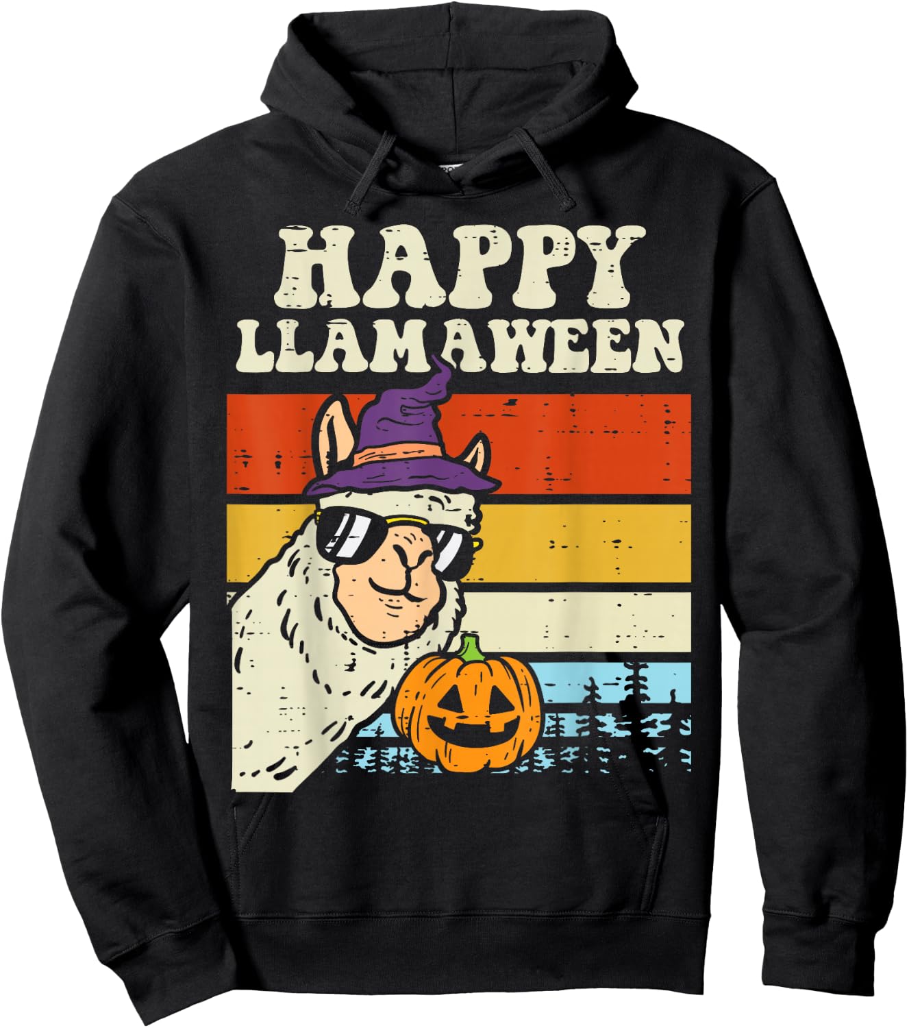 Happy Llamaween Llama Witch Retro Halloween Alpaca Animal Hoodie - Hoodie | Black