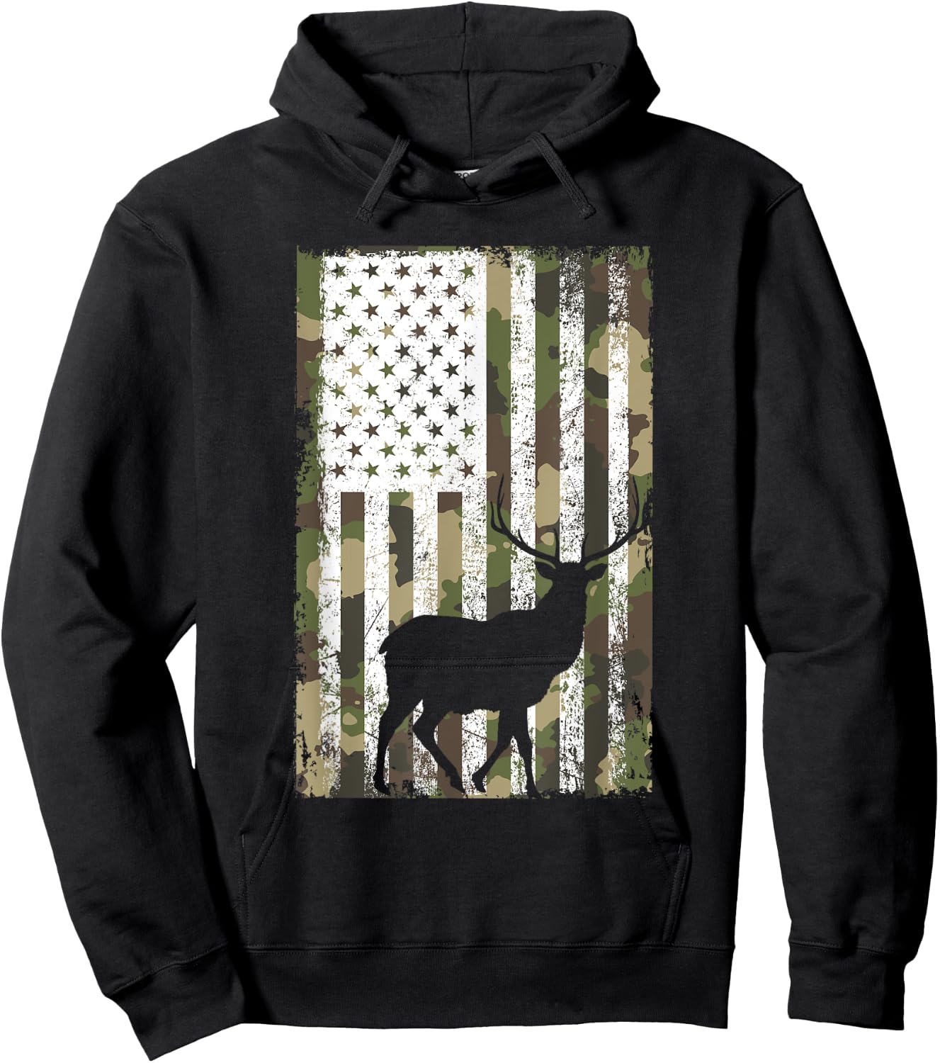 Camo US Flag Deer Elk Buck Camouflage Hunting Hunter Dad Men Hoodie - Hoodie | Black
