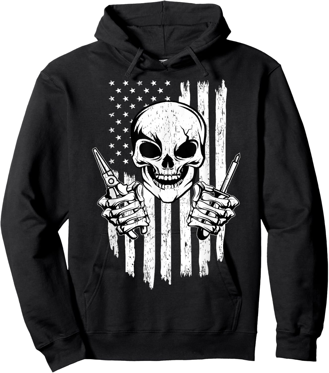 Electrician Skull Electricity Electrical Wiring US Flag Hoodie - Hoodie | Black