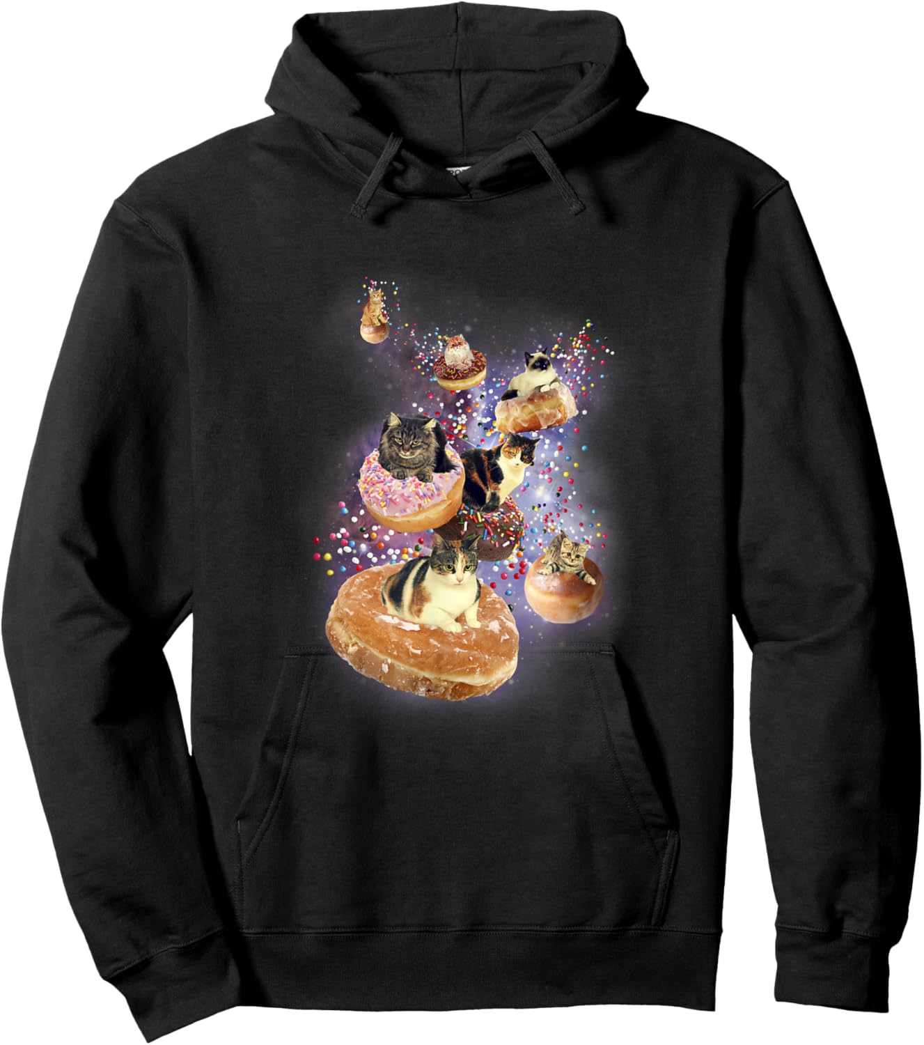 Trendy Cats Flying On Donuts In Space Hoodie - Hoodie | Black