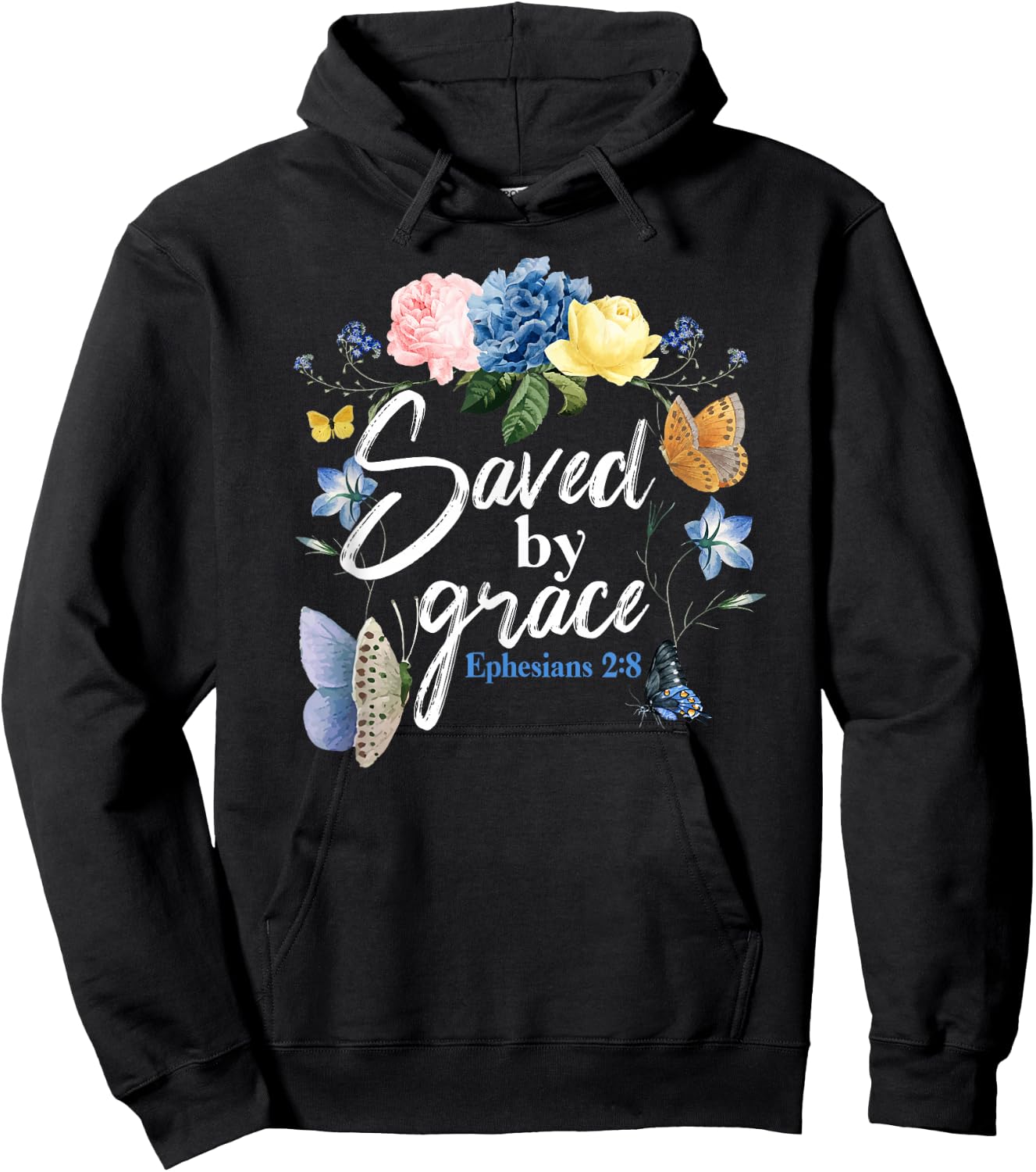 Christian Bible Verse Butterfly Rose Flower Ephesians 2:8 Hoodie - Hoodie | Black