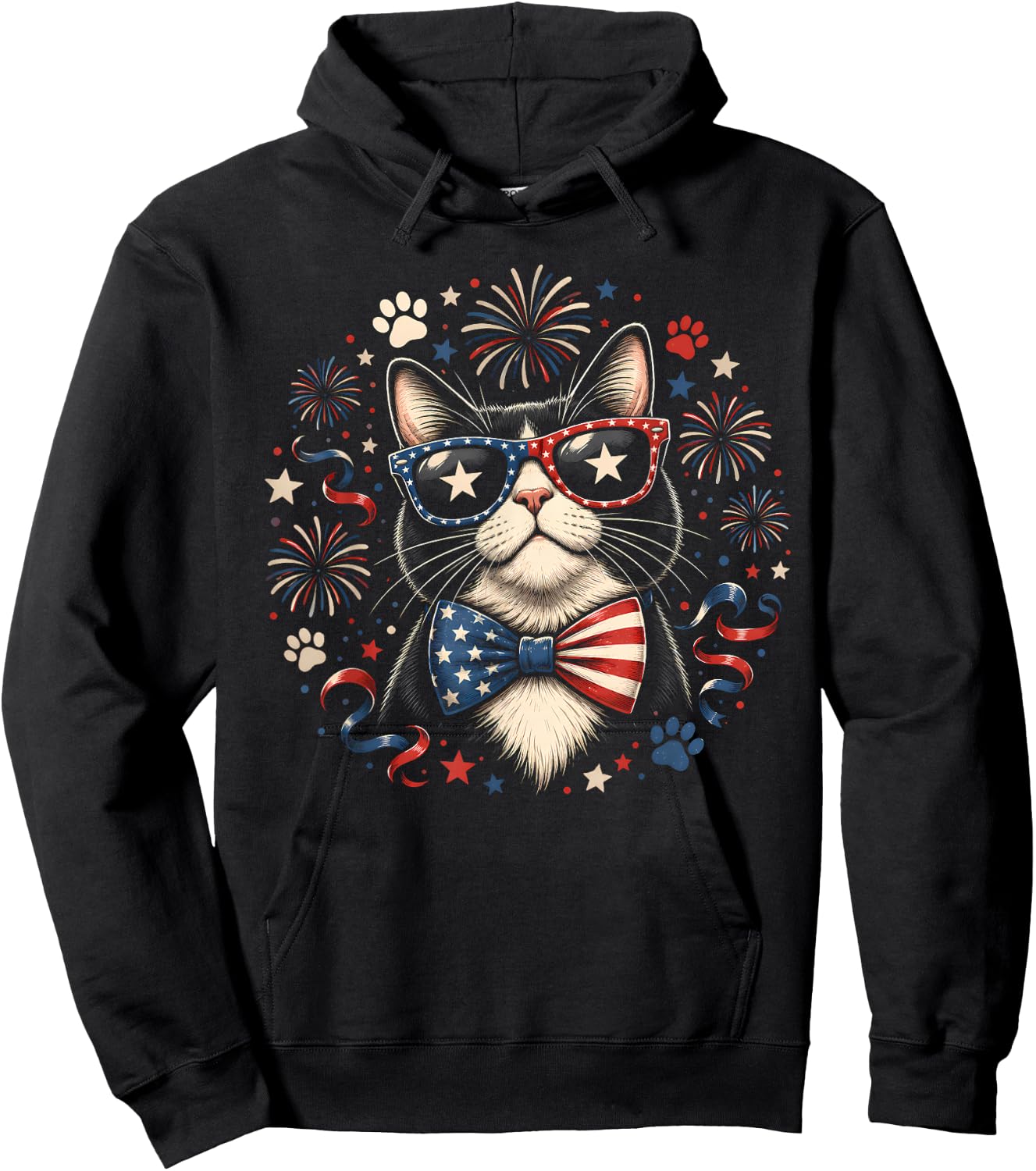Cat 4th of July American Flag Bow Patriotic Women Hoodie - Hoodie | Black