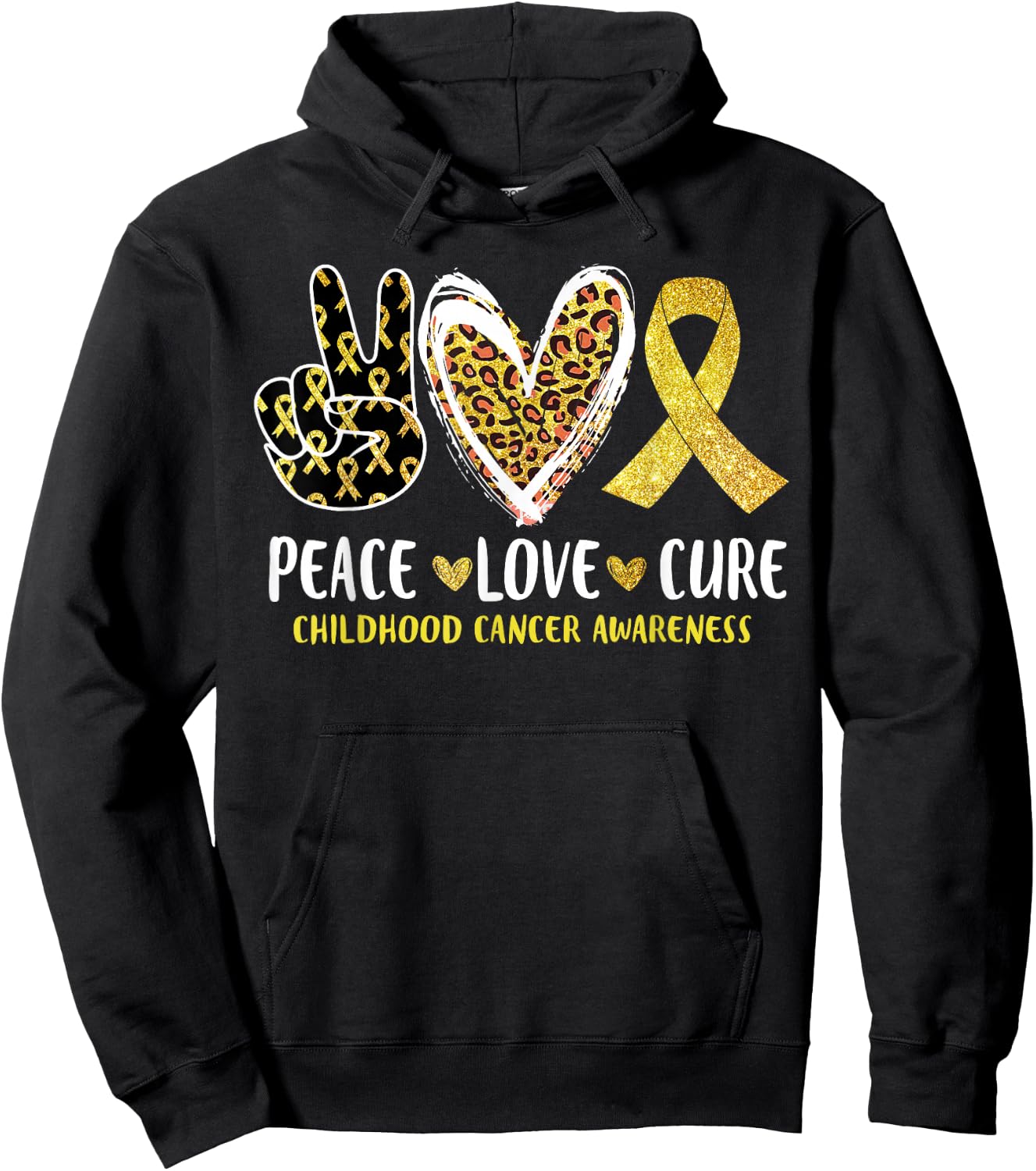 Peace Love Cure Childhood Cancer Awareness Leopart Heart Hoodie - Hoodie | Black