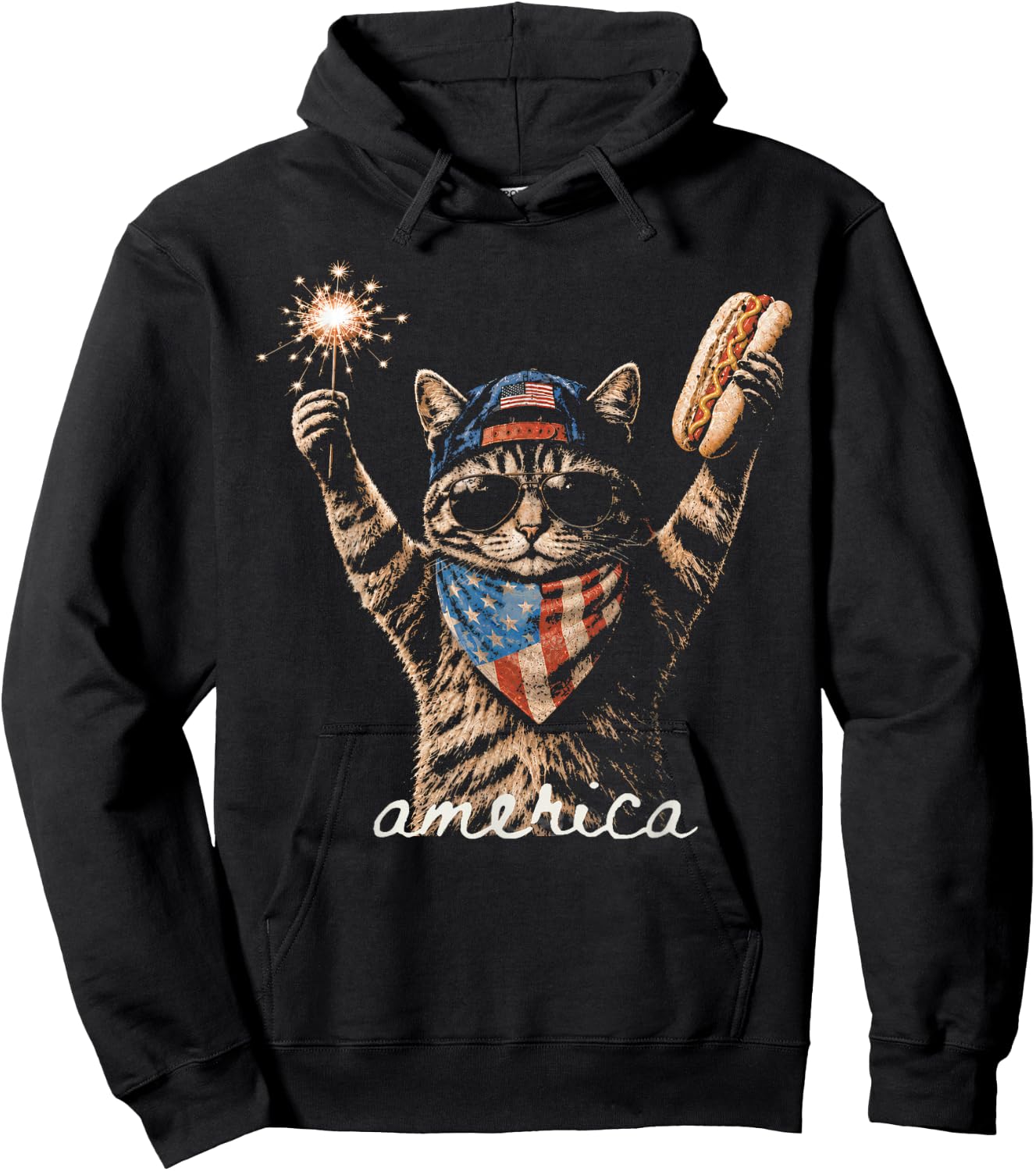 Retro Funny America CatHot Dog Lovers Patriotic US Flag Hoodie - Hoodie | Black