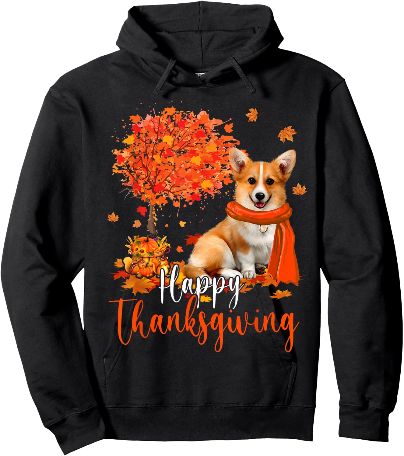 Happy Thanksgiving Corgi Dog And Autumn Tree Corgi Dog Lover Men Women Kids Hoodie - Hoodie | Black