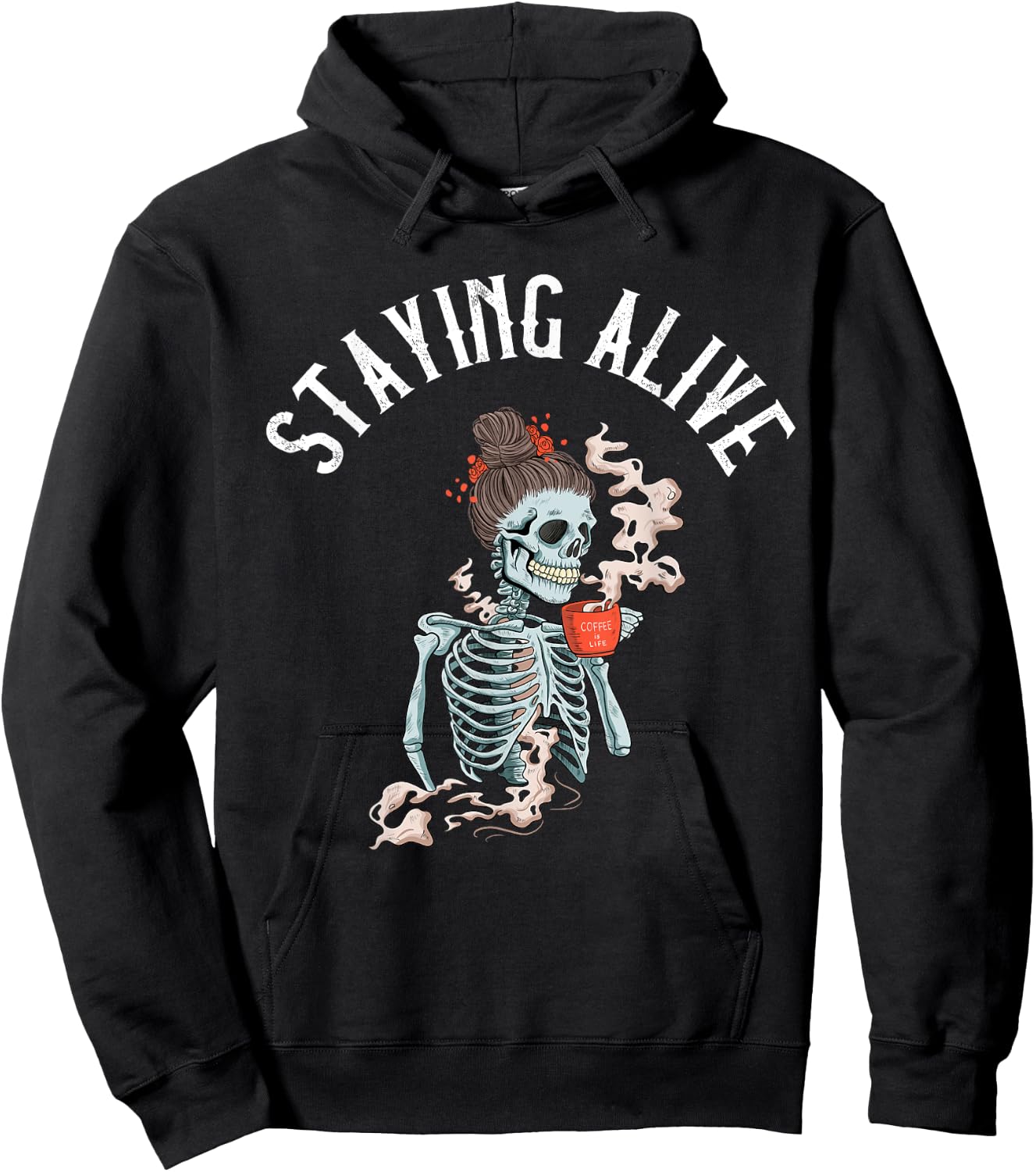 Coffee Drinking Skeleton - Staying Alive Vintage Women Girl Hoodie - Hoodie | Black