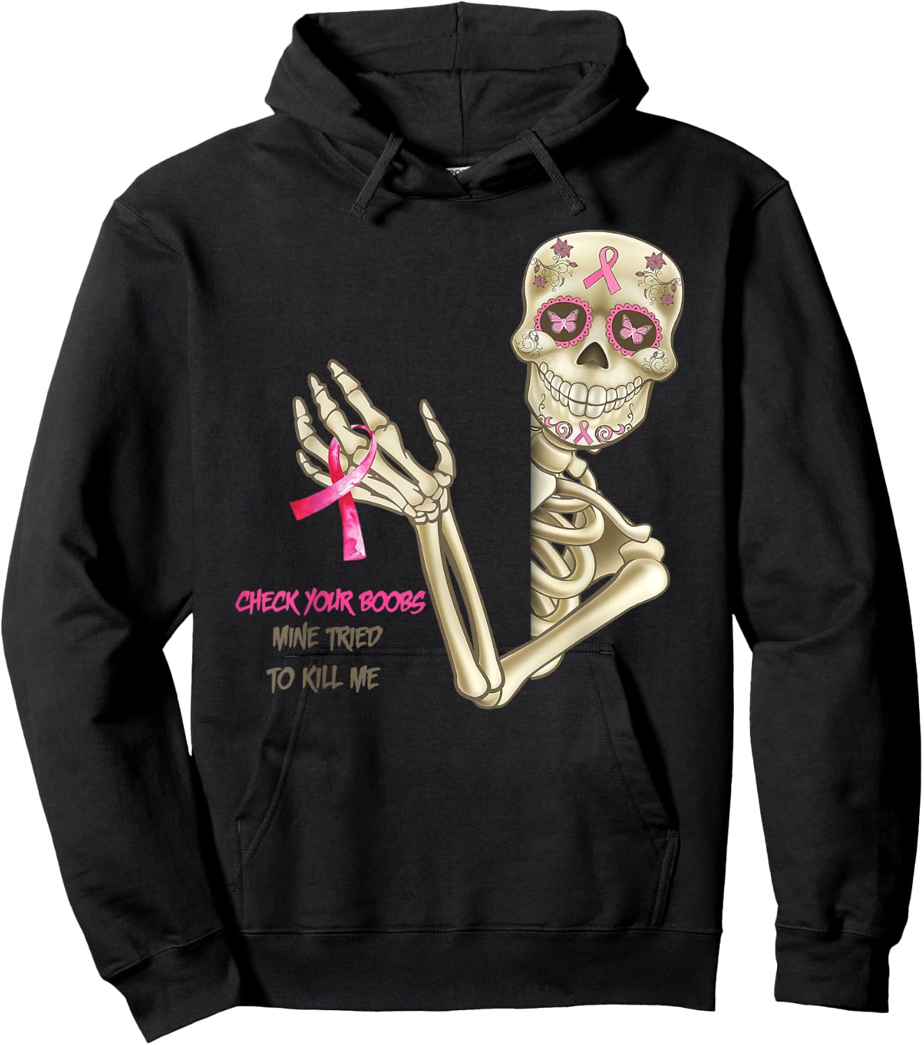 Check your boobs skeleton breast cancer awareness Hoodie - Hoodie | Black