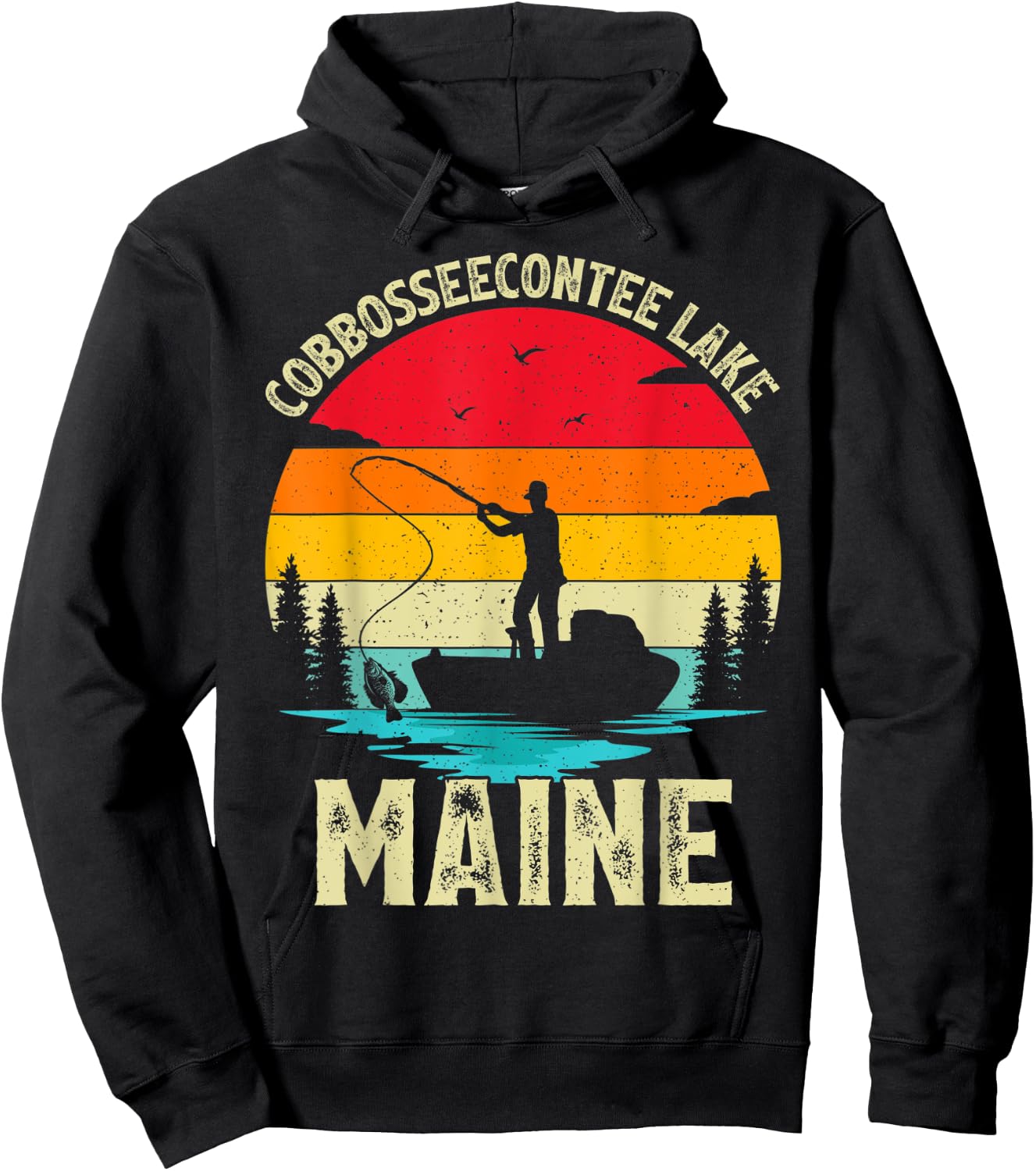 Summer Vacation Fishing Vintage Maine Cobbosseecontee Lake Men Women Kids Hoodie - Hoodie | Black