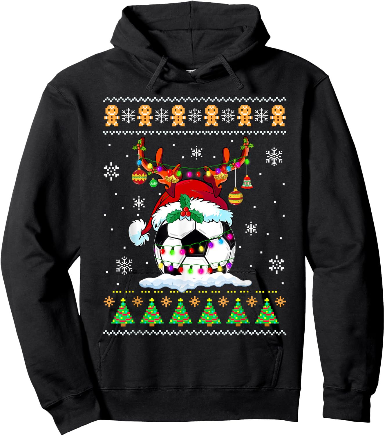 Soccer Ball Reindeer Santa Hat Ugly Sweater Xmas Lights Hoodie - Hoodie | Black