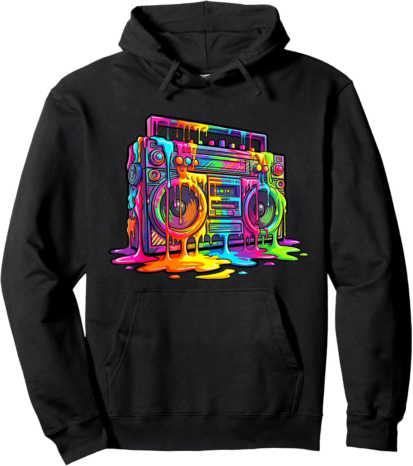 80s Boom Box Dripping Multicolor Paint Graffiti Fun Graphic Hoodie - Hoodie | Black