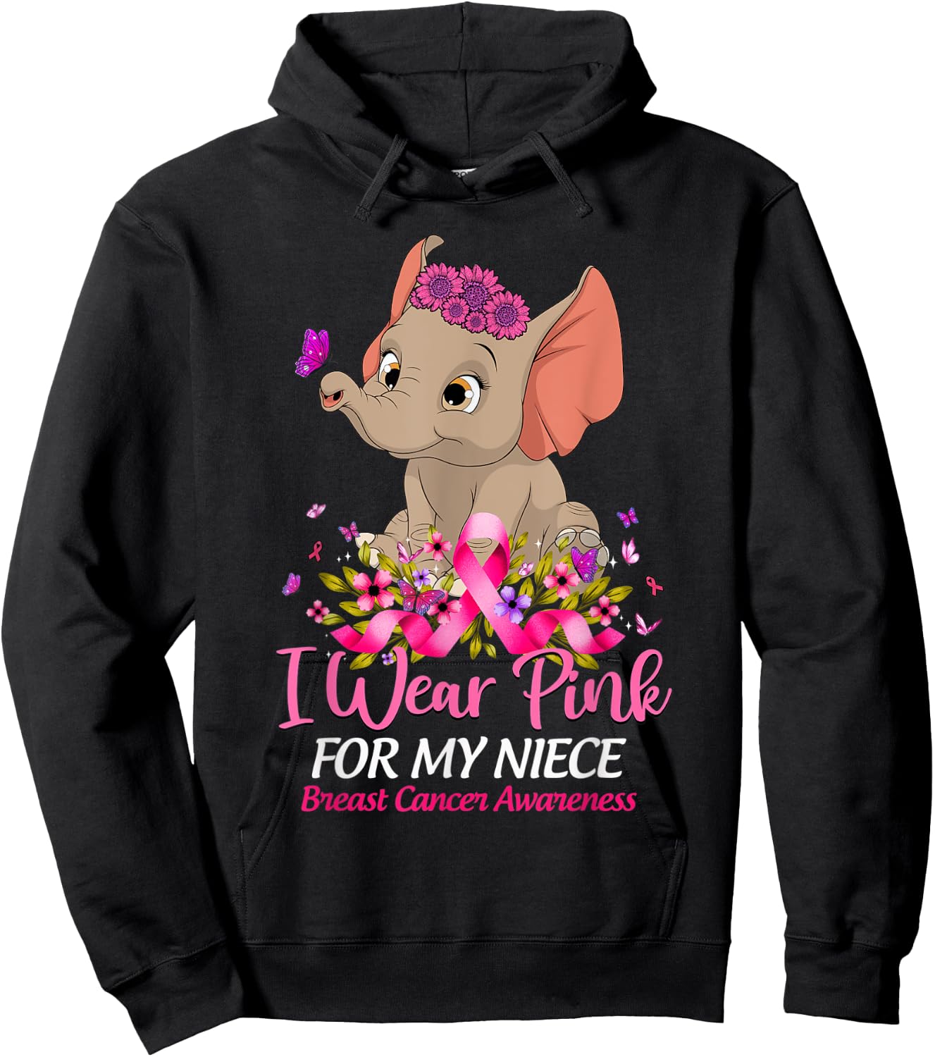 Breast Cancer Awareness Elephant I Wear Pink For My Niece Hoodie - Hoodie | Black