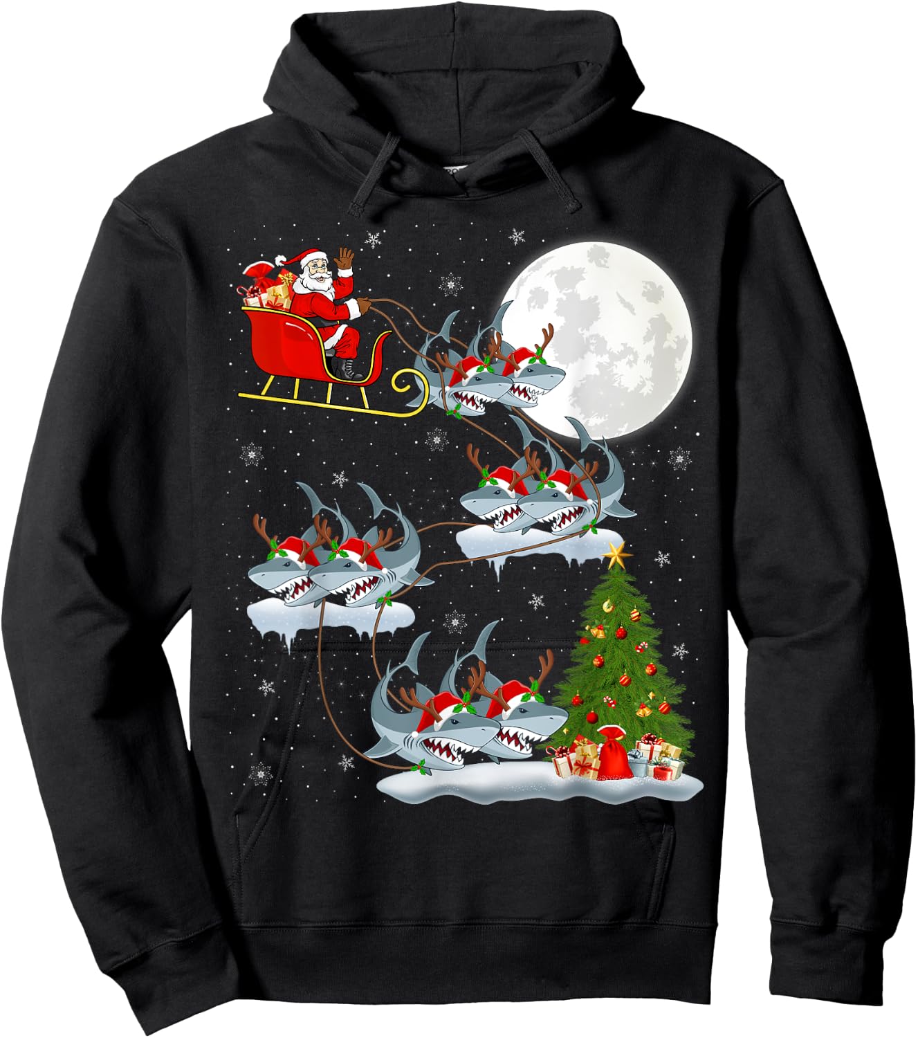 Xmas Lighting Tree Santa Riding Great White Shark Christmas Hoodie - Hoodie | Black