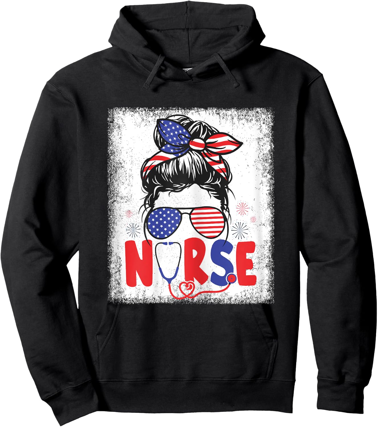 Patriotic Nurse Messy Bun 4th Of July American Flag Nurses Hoodie - Hoodie | Black