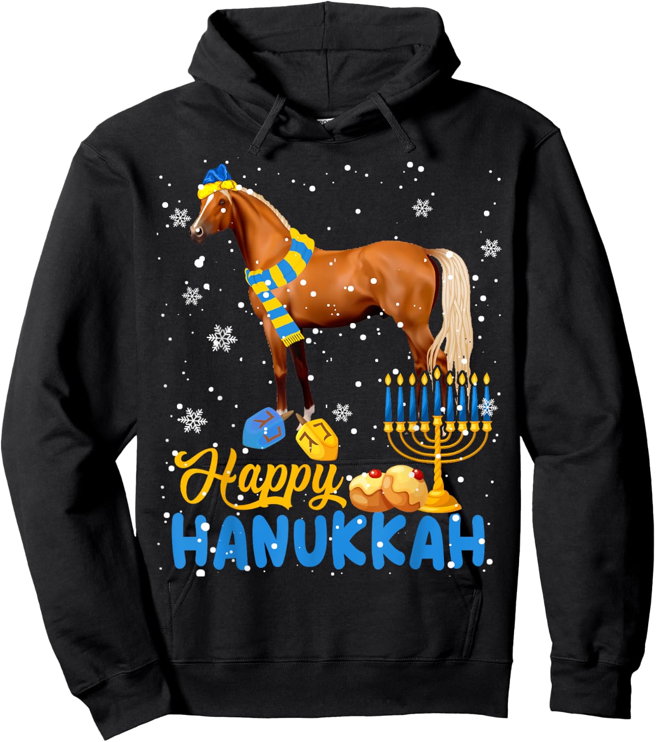 Happy Hanukkah Cute Hanukkah Horse Menorah Jewish Proud Hoodie - Hoodie | Black