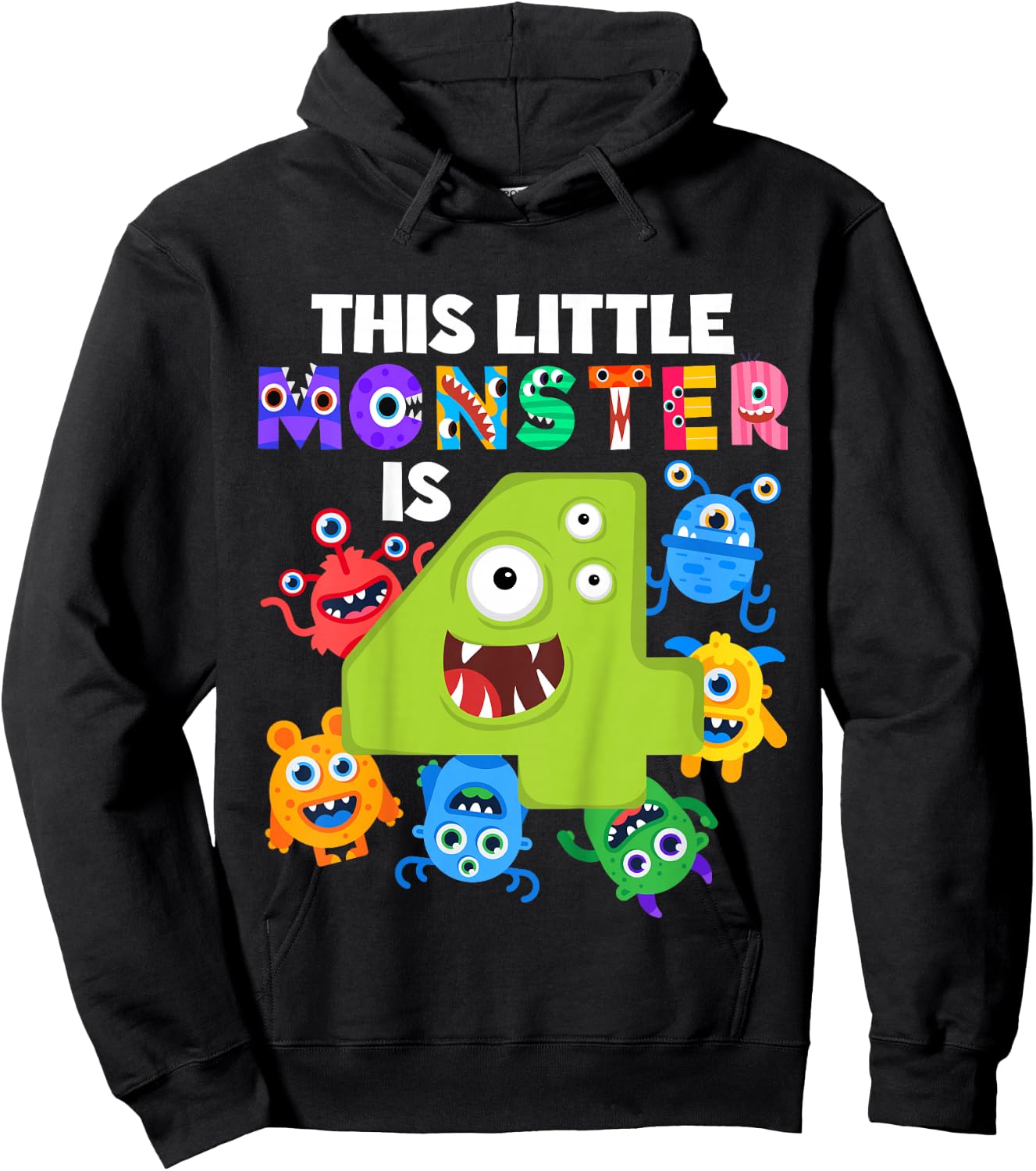 This Little Monster is 4 Four Years 4th Birthday Party Alein Hoodie - Hoodie | Black