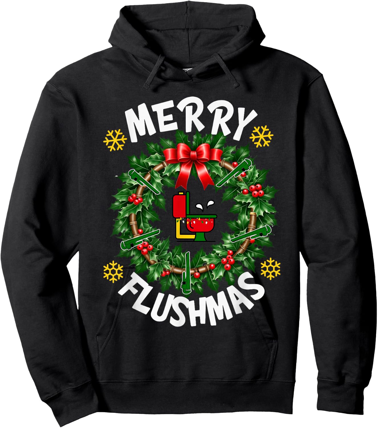 Xmas Merry Flushmas Plumber Christmas Holiday Funny Pajama Hoodie - Hoodie | Black