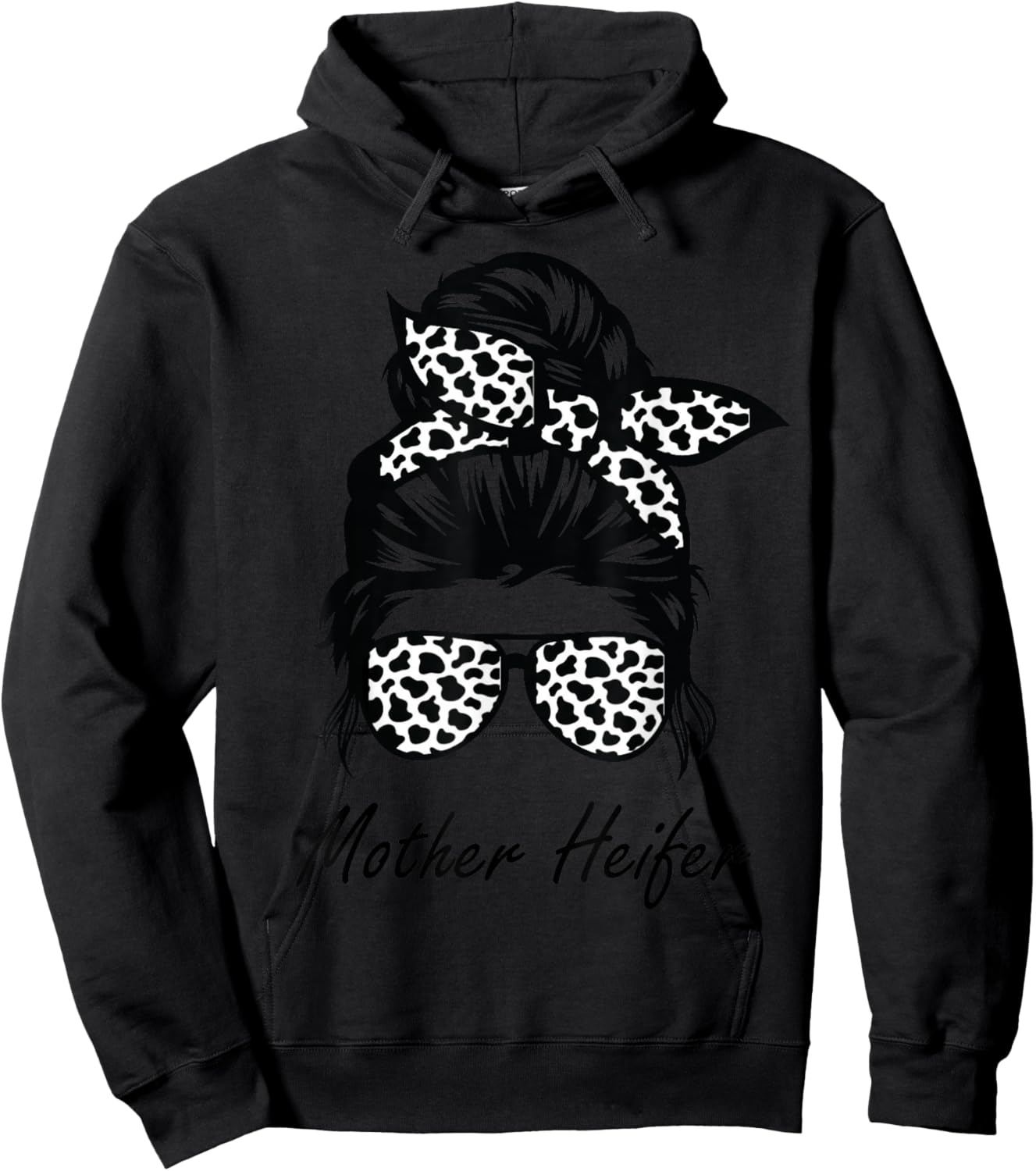 Mother Heifer Farmer Mom Cow Messy Bun Hair Bandana Cow Hoodie - Hoodie | Black