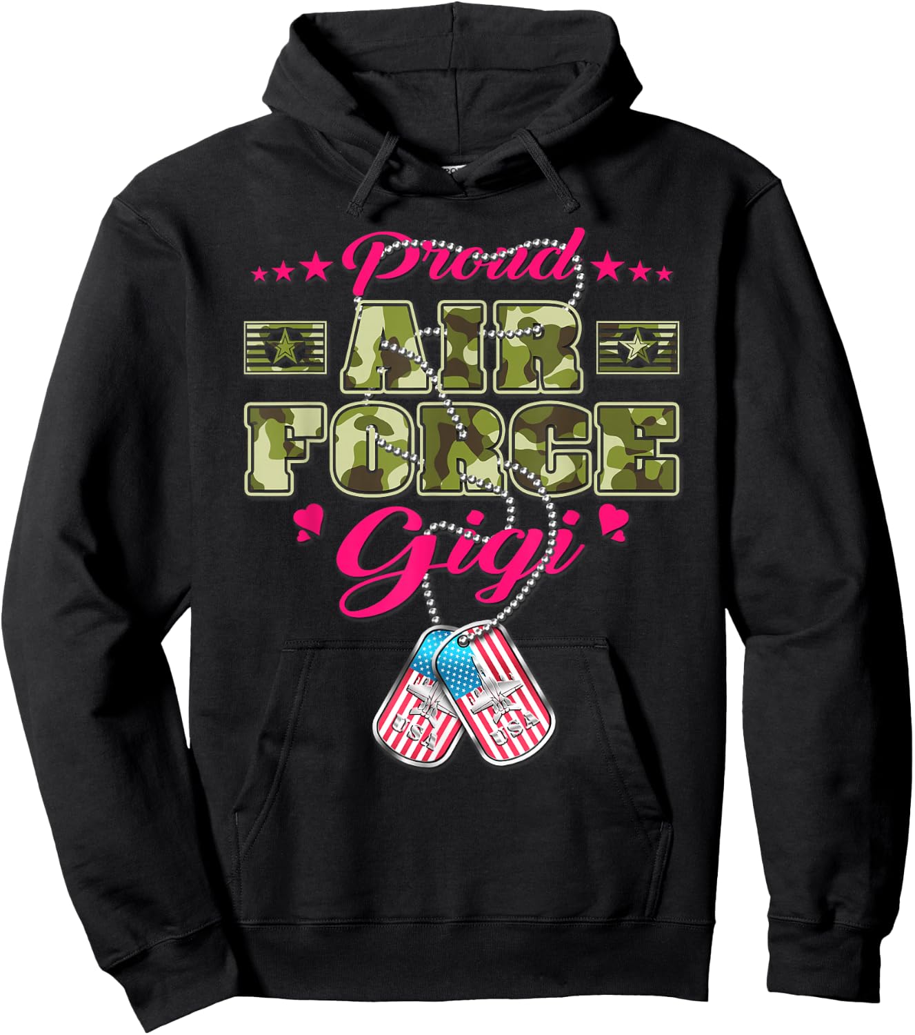 Proud Air Force Gigi - Camo US Flag Dog Tag Military Grandma Women Hoodie - Hoodie | Black