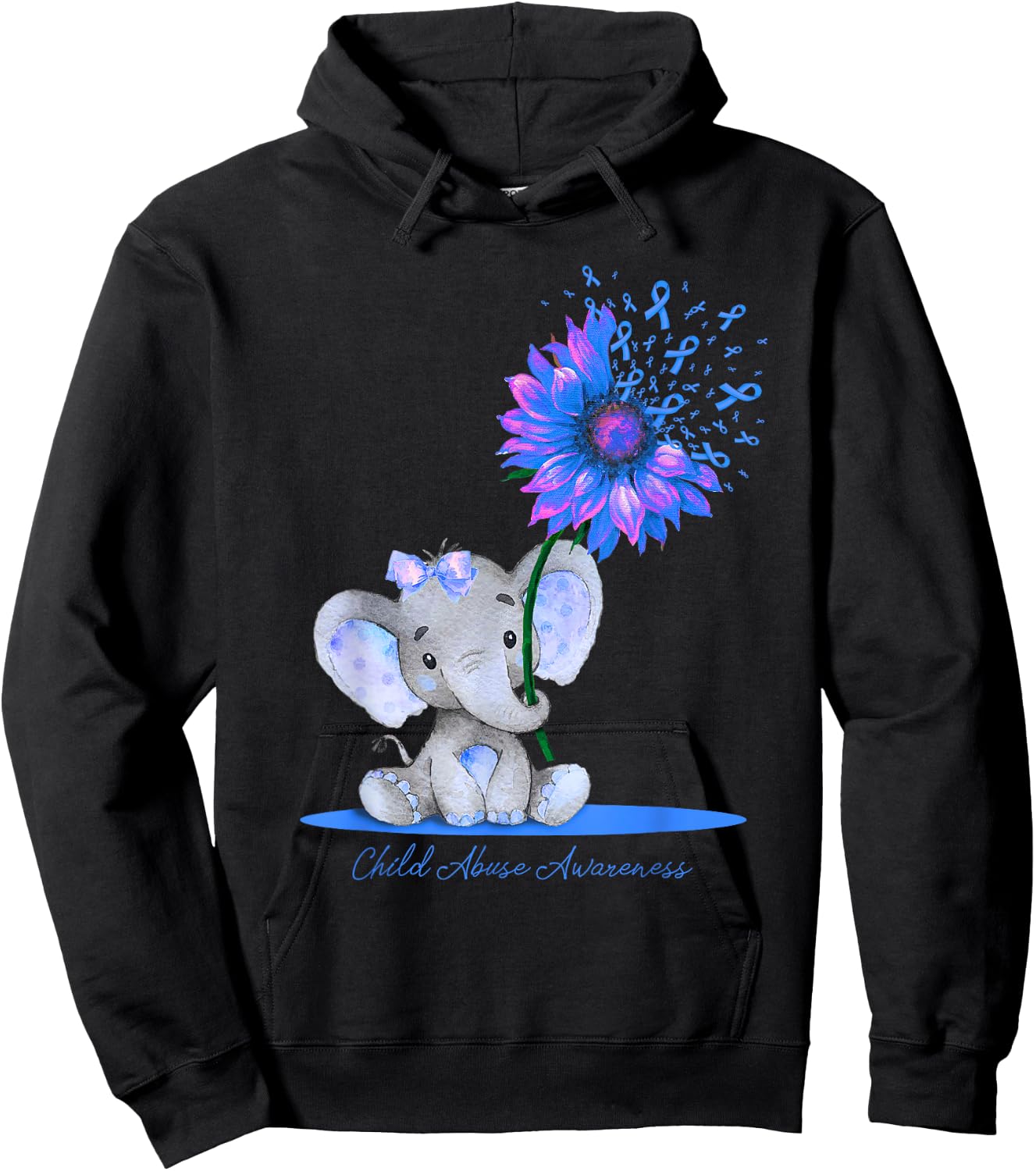CHILD ABUSE AWARENESS Cute Elephant Sunflower Light Blue Hoodie - Hoodie | Black