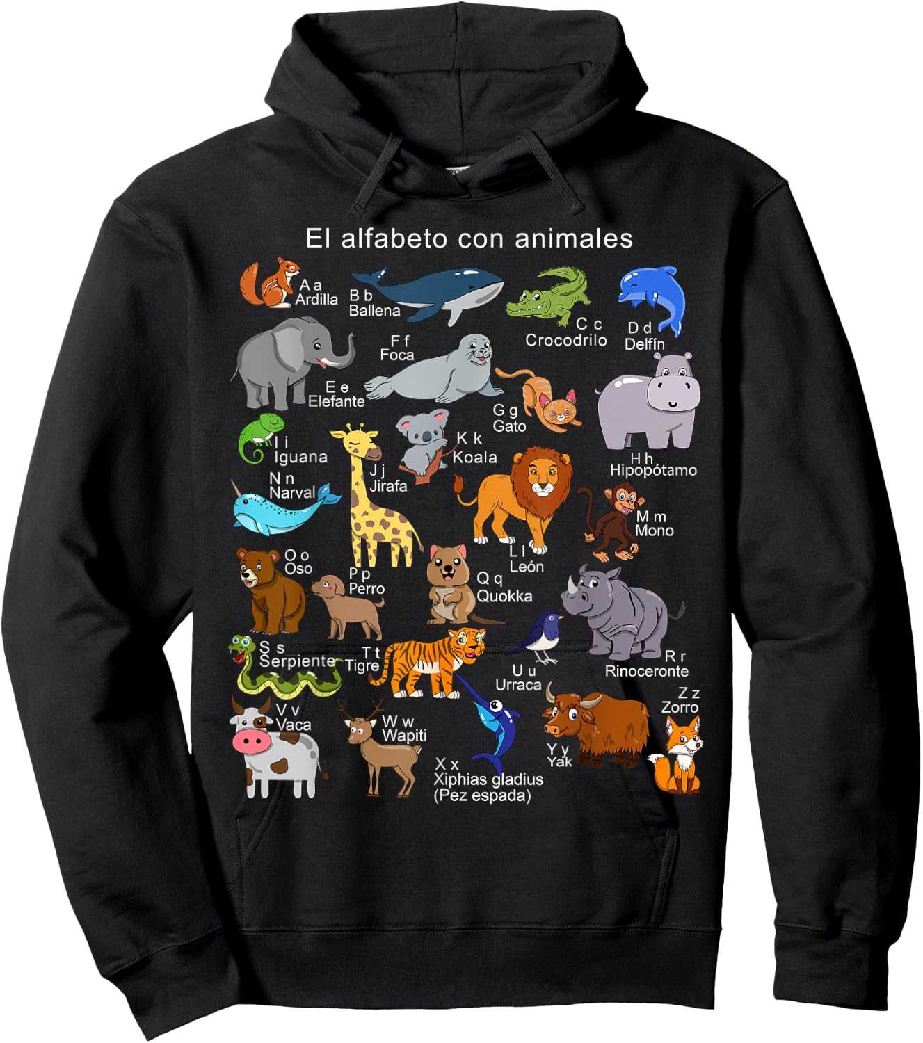 Spanish Animals Alphabet A-Z ABC of the Wildlife Hoodie - Hoodie | Black