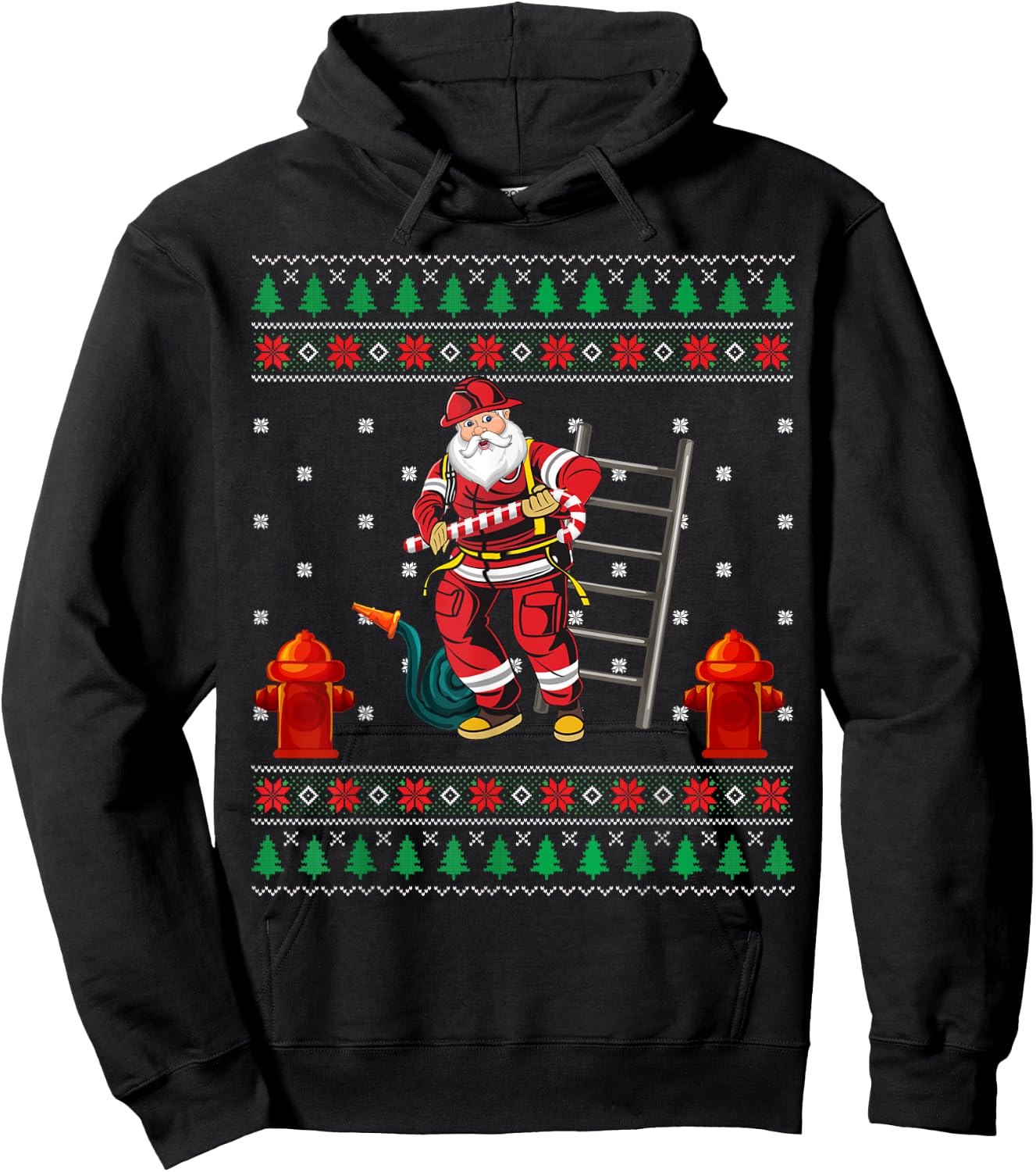 Funny Firefighter Fireman Ugly Christmas Santa Claus Pajama Hoodie - Hoodie | Black