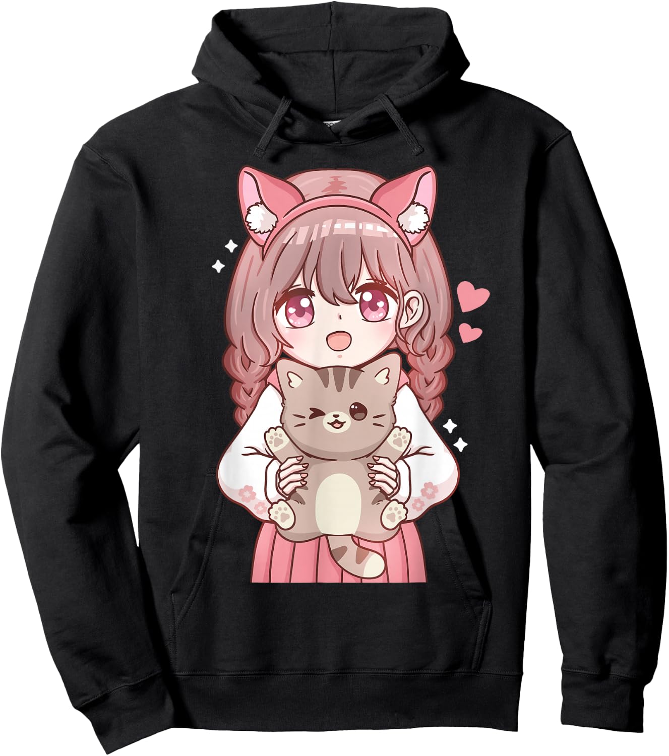 Anime Girl with Cat Kawaii Cat Lover Otaku Small Hoodie - Hoodie | Black