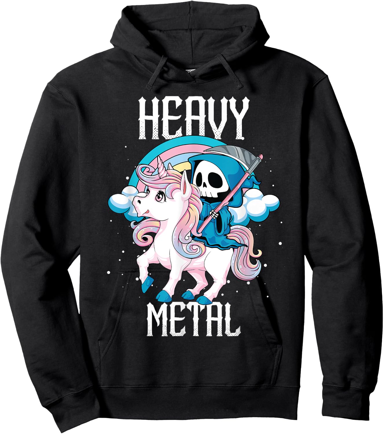Kawaii Pastel Heavy Metal Rock Rainbow Grim Reaper Unicorn Hoodie - Hoodie | Black