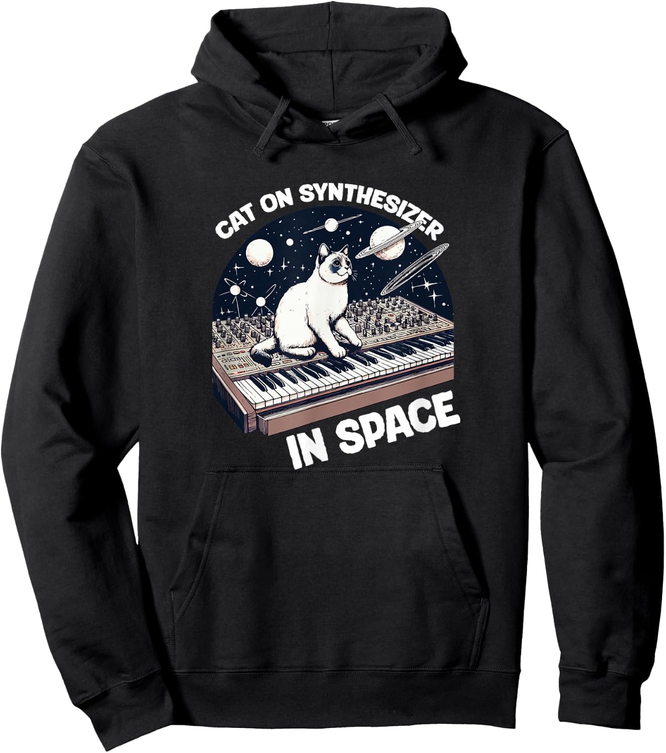 Cat Synthesizer in Space Funny Hoodie - Hoodie | Black