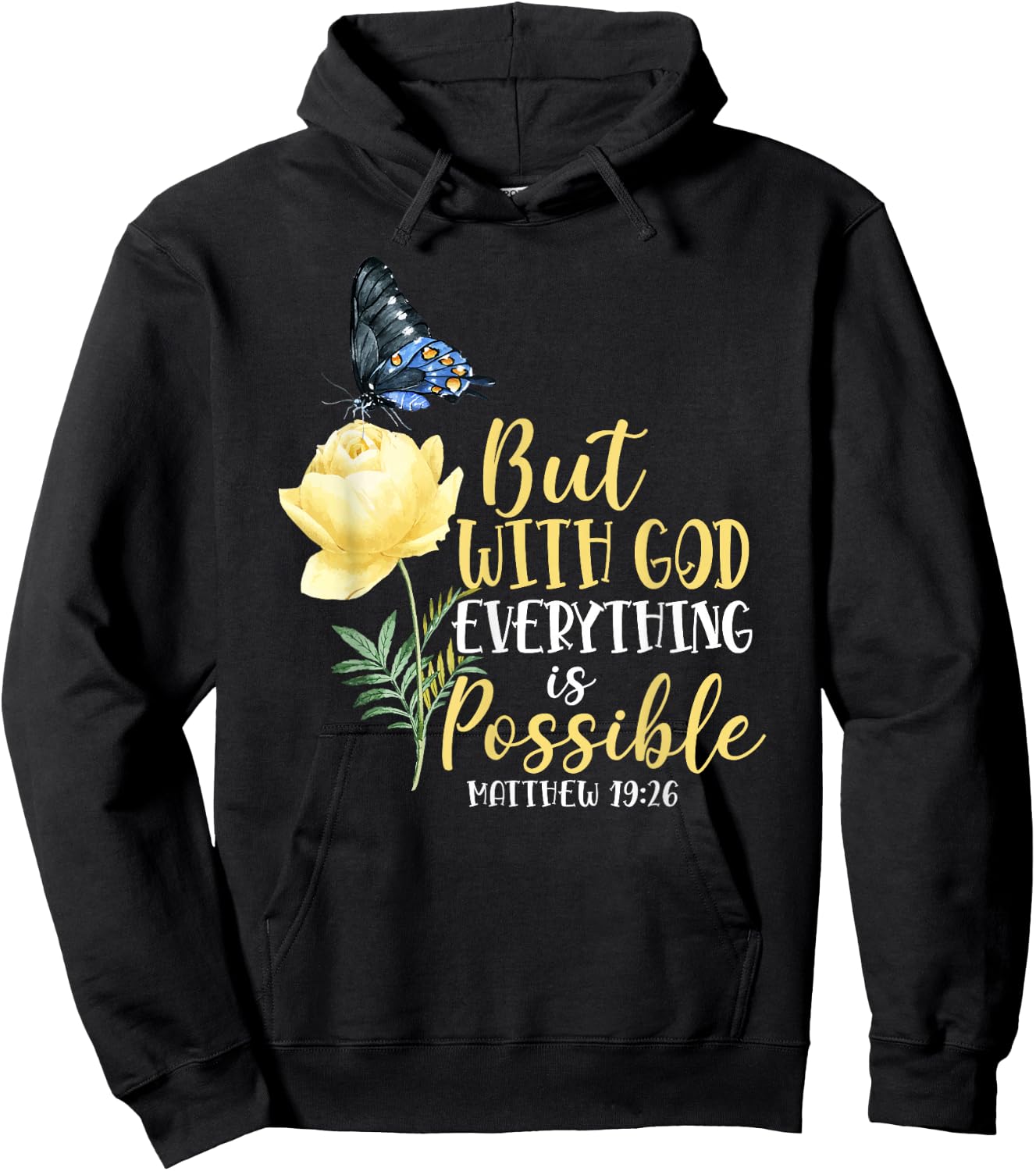 Christian Bible Verse Butterfly Rose Flower Matthew 19:26 Hoodie - Hoodie | Black