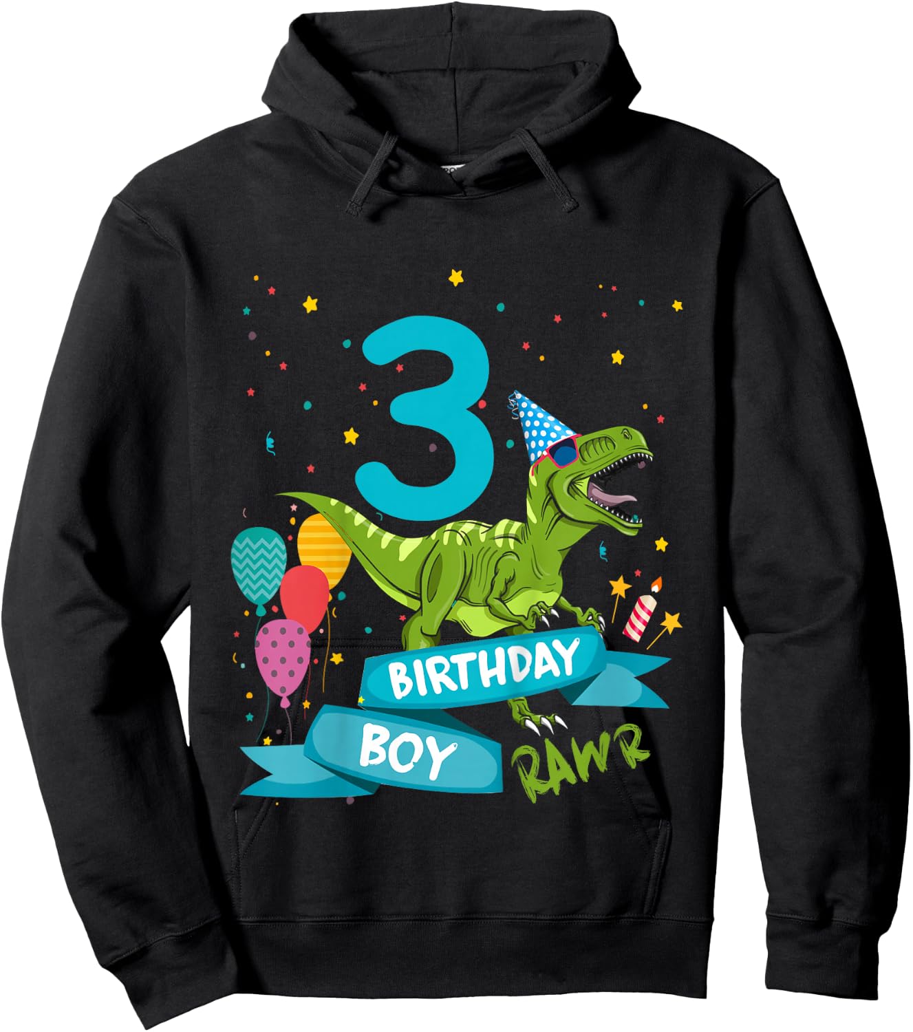Kids 3rd Birthday Boy Party T-Rex Dinosaur Matching Shirts Rawr 3 Hoodie - Hoodie | Black