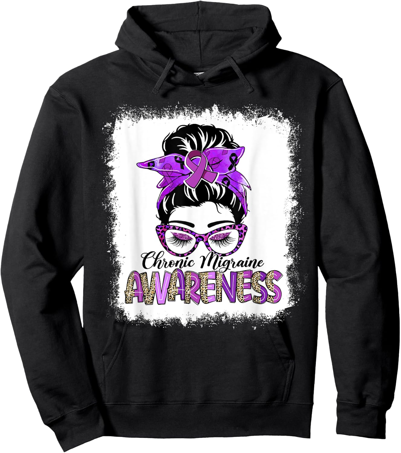 Messy Bun Purple Ribbon Chronic Migraine Awareness Gifts Hoodie - Hoodie | Black