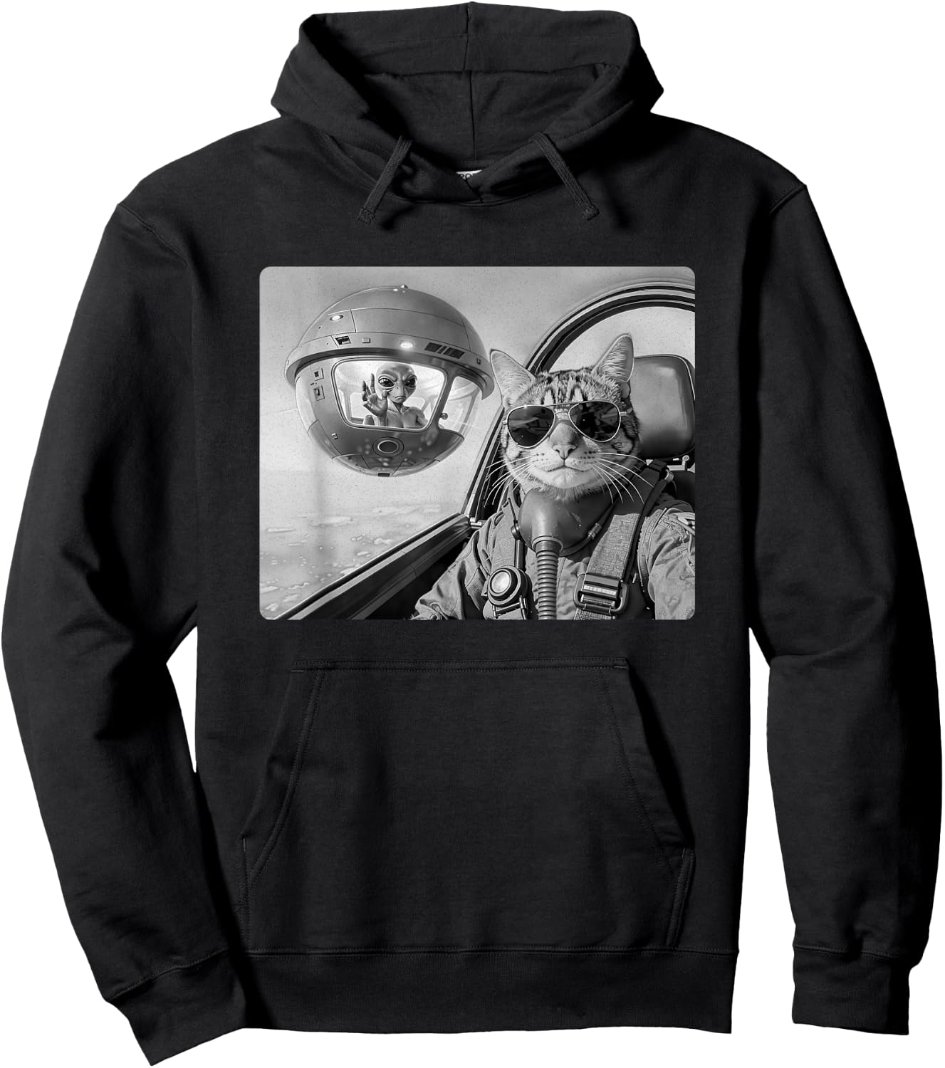 Pilot Cat Selfie with UFO and Alien Fighter Jet Cat Lovers Hoodie - Hoodie | Black