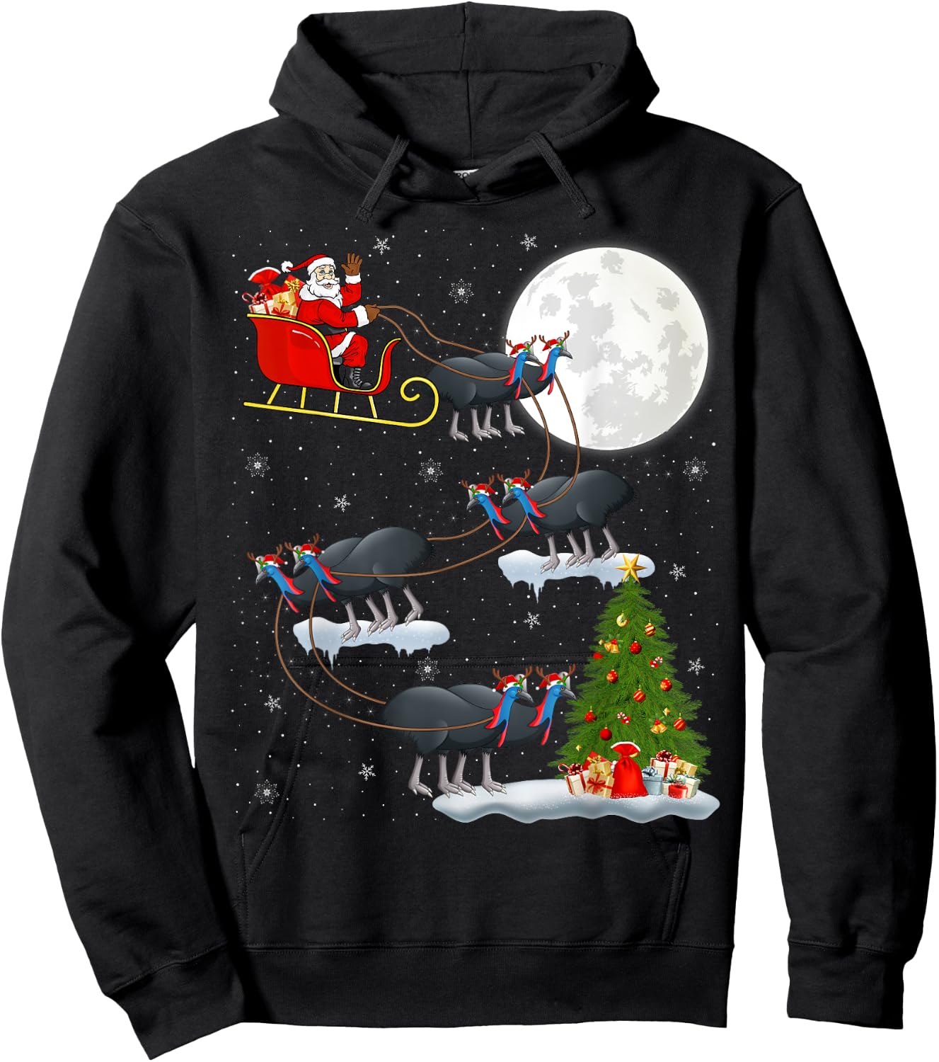 Funny Xmas Lighting Tree Santa Riding Cassowary Christmas Hoodie - Hoodie | Black