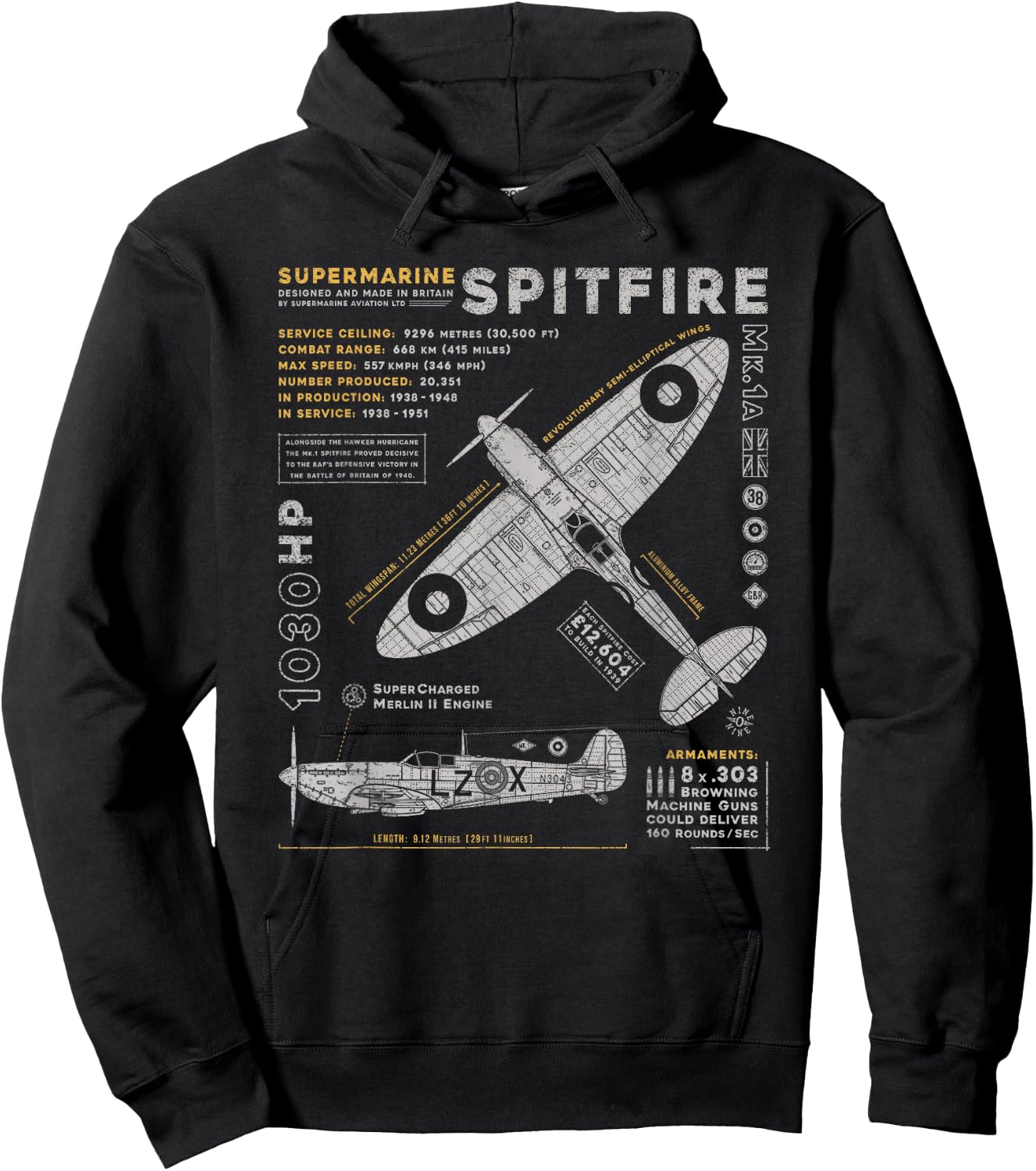 Spitfire Mk.1 | RAF British WWII Supermarine Fighter Plane Small Hoodie - Hoodie | Black