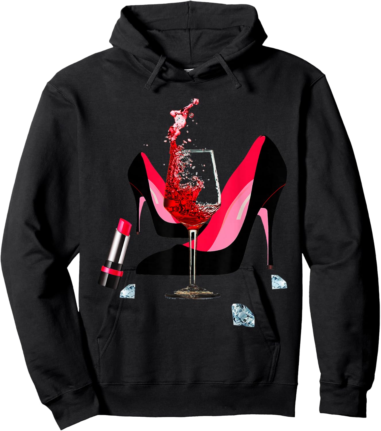 High Heel Shoes, red Lipstick, red Wine Glass and Diamonds Hoodie - Hoodie | Black