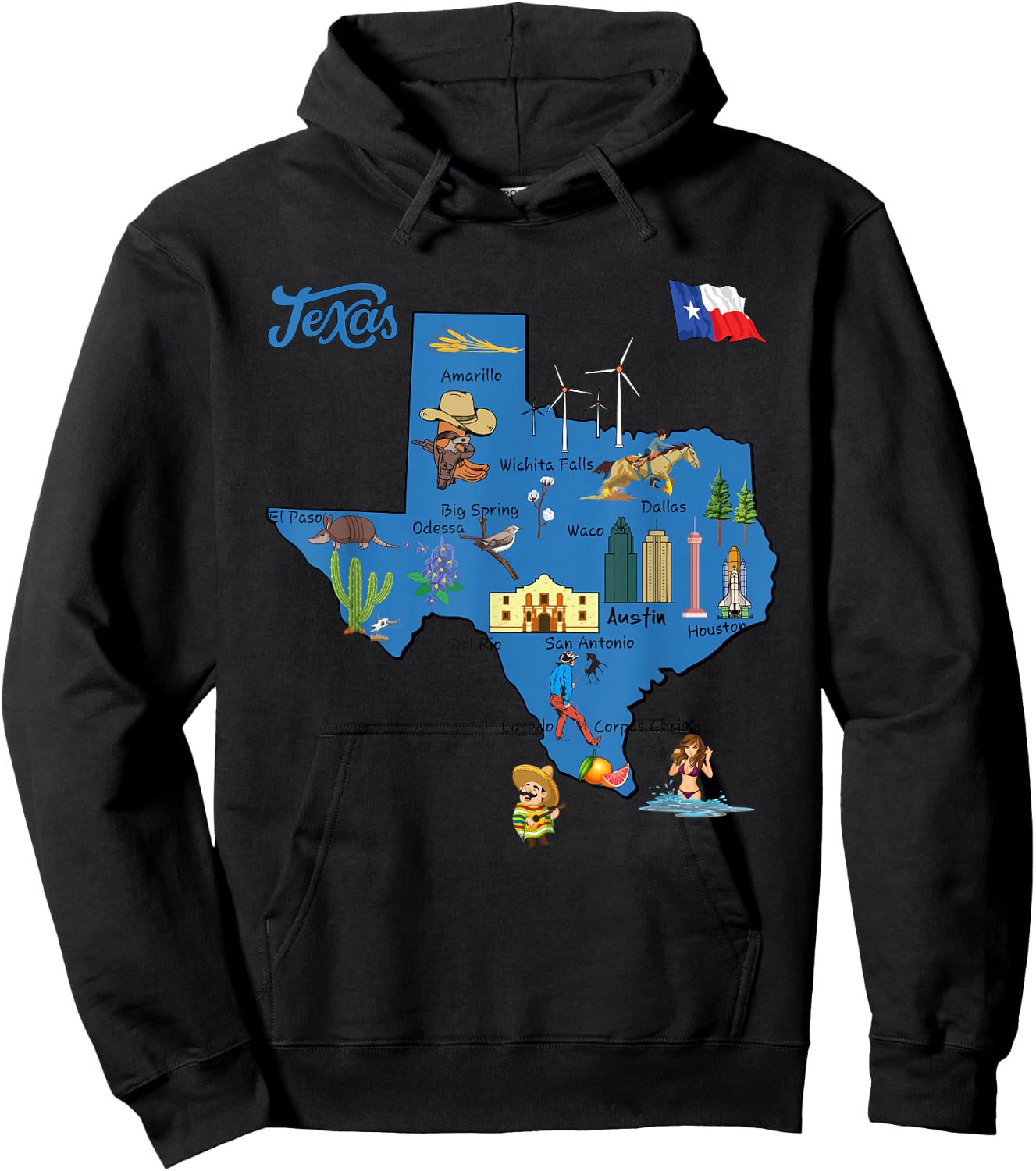 tourism map of Texas state, USA, cities, Landmarks, flag Hoodie - Hoodie | Black