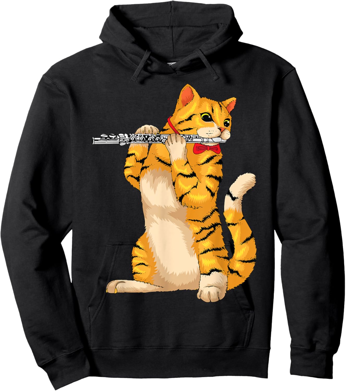 Funny Cat Playing Flute | Cool Animal Musician Fluter Gift Women Girls Kids Hoodie - Hoodie | Black