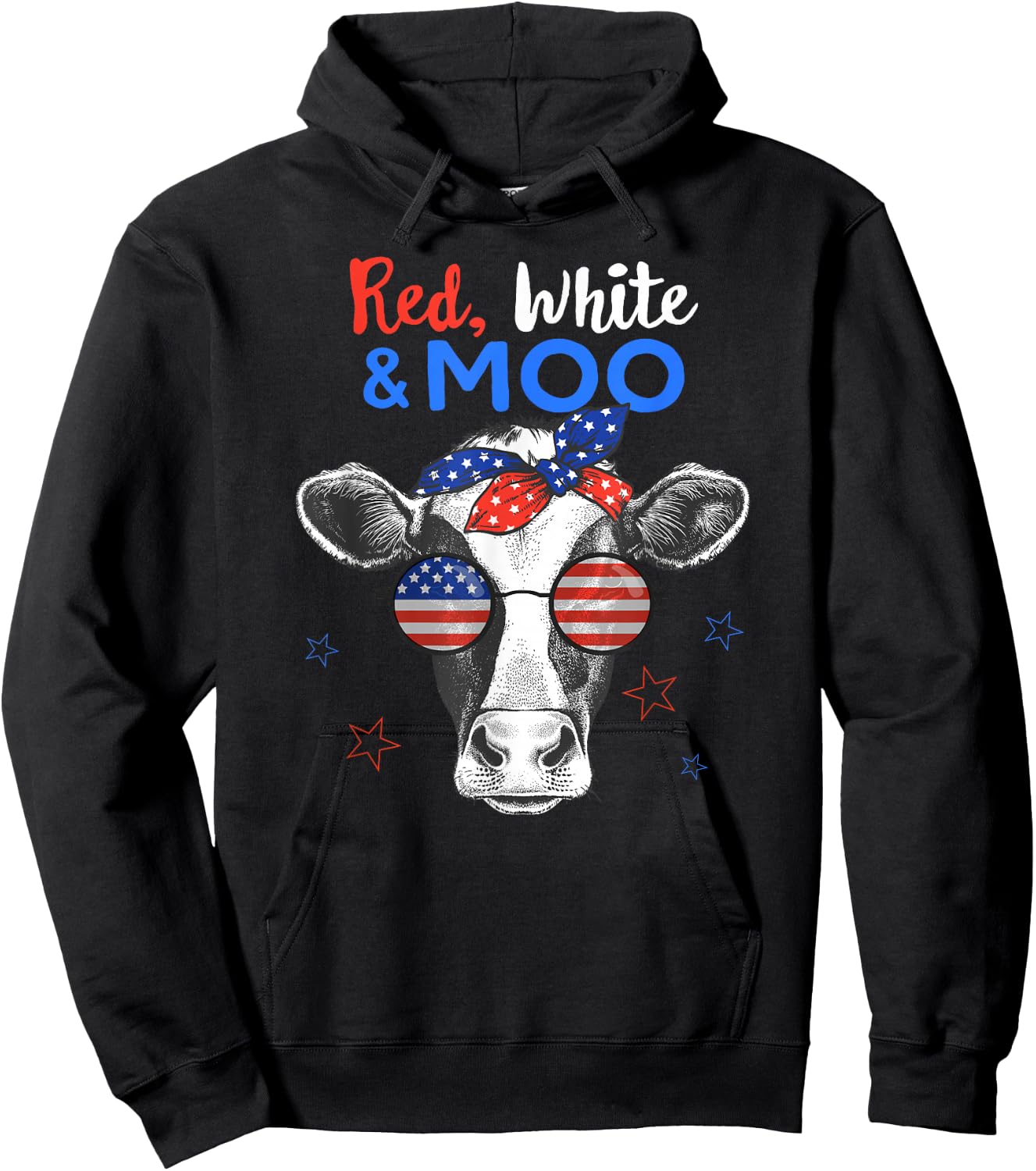 Patriotic Cow USA Flag Funny 4th of July Red White and Moo Hoodie - Hoodie | Black