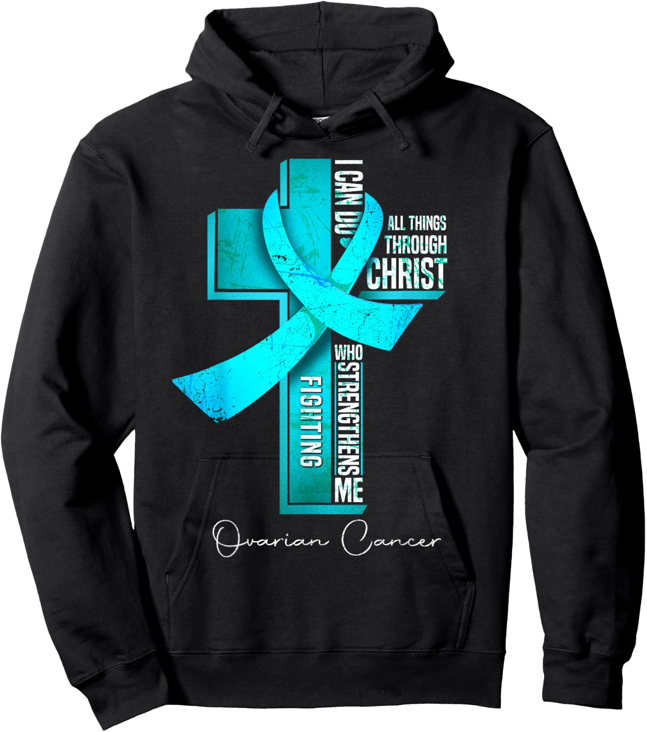 Ovarian Cancer Awareness Teal Ribbon Christian Cross Hoodie - Hoodie | Black