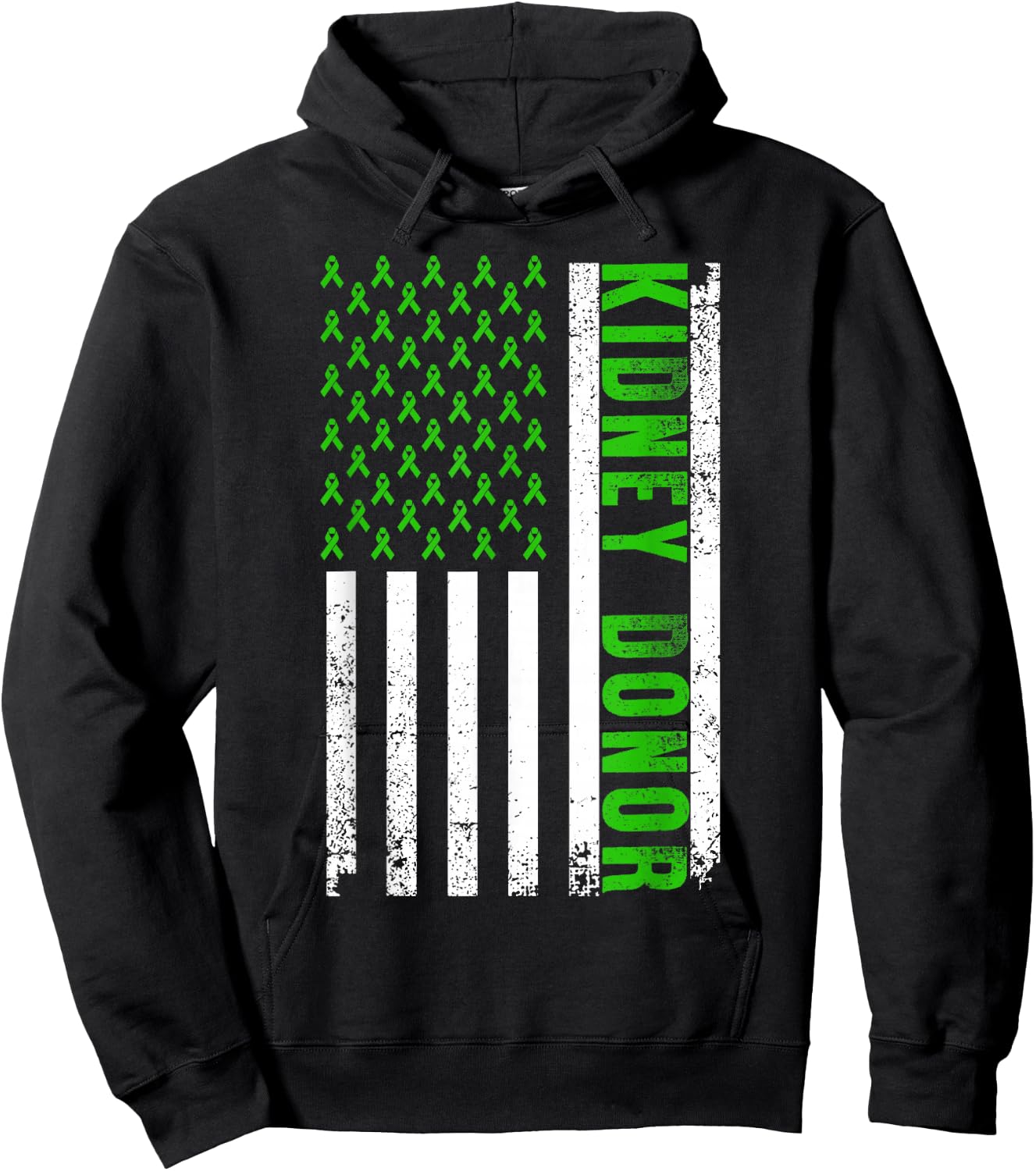Cute Kidney Donor US Flag Art Kidney Transplant Green Ribbon Hoodie - Hoodie | Black