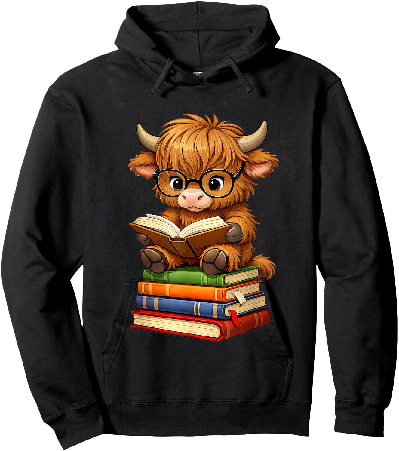 Cute Highland Cow with Glasses Reading Books Hoodie - Hoodie | Black