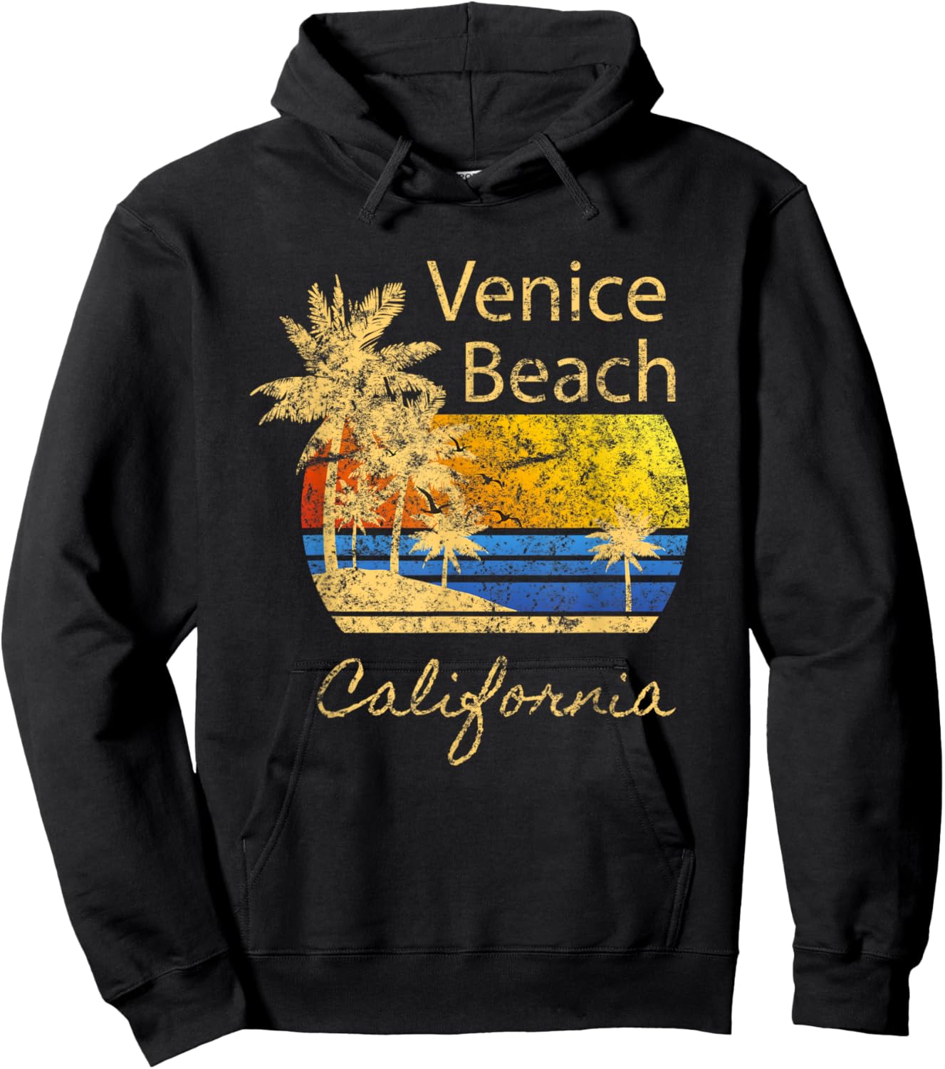 Original Venice Beach CA Sunset Distressed Novelty Art Women Kids Hoodie - Hoodie | Black